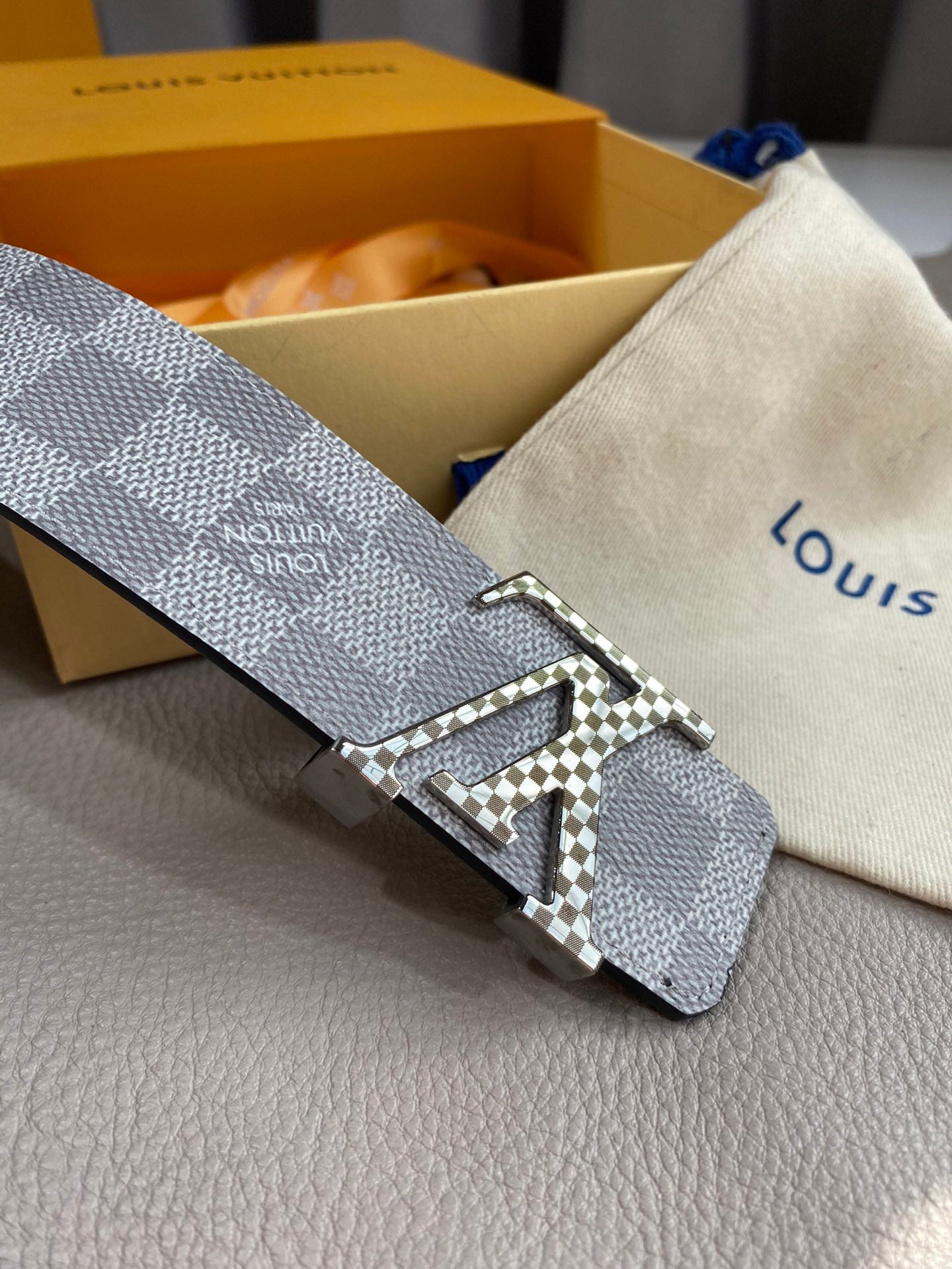 Louis Vuitton LV Initiales 40mm Reversible Belt, Damier Azur Canvas, Silver Buckle, Grey/White