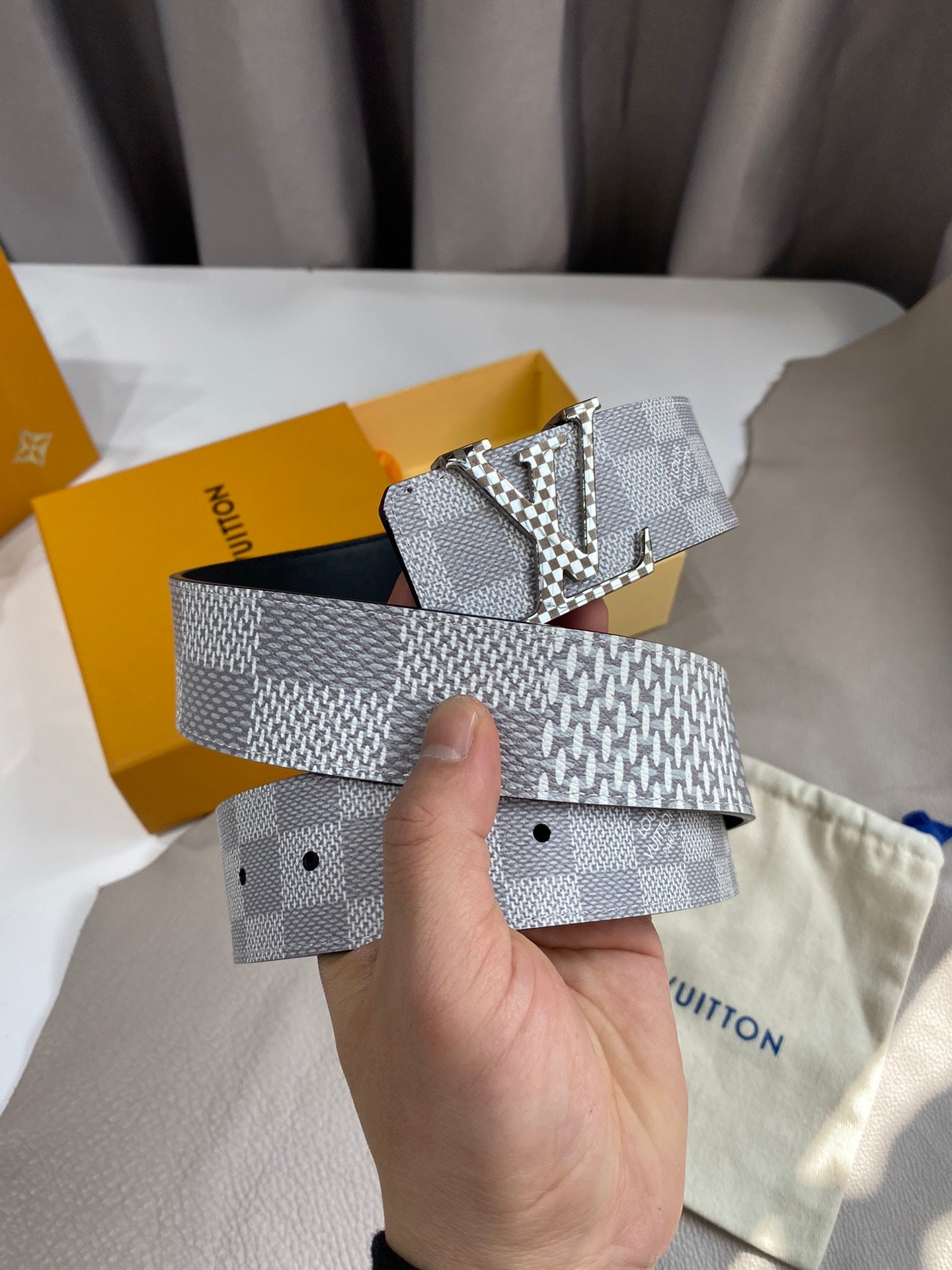 Louis Vuitton LV Initiales 40mm Reversible Belt, Damier Azur Canvas, Silver Buckle, Grey/White