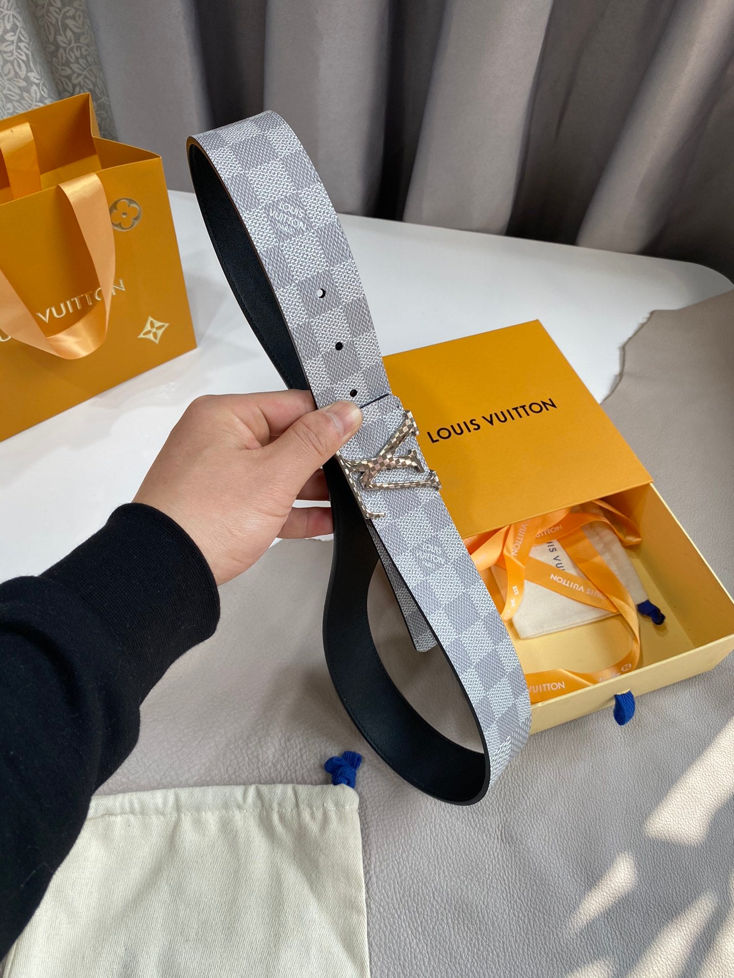 Louis Vuitton LV Initiales 40mm Reversible Belt, Damier Azur Canvas, Silver Buckle, Grey/White