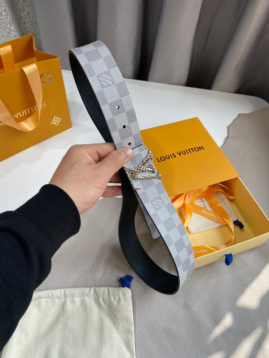 Louis Vuitton LV Initiales 40mm Reversible Belt, Damier Azur Canvas, Silver Buckle, Grey/White
