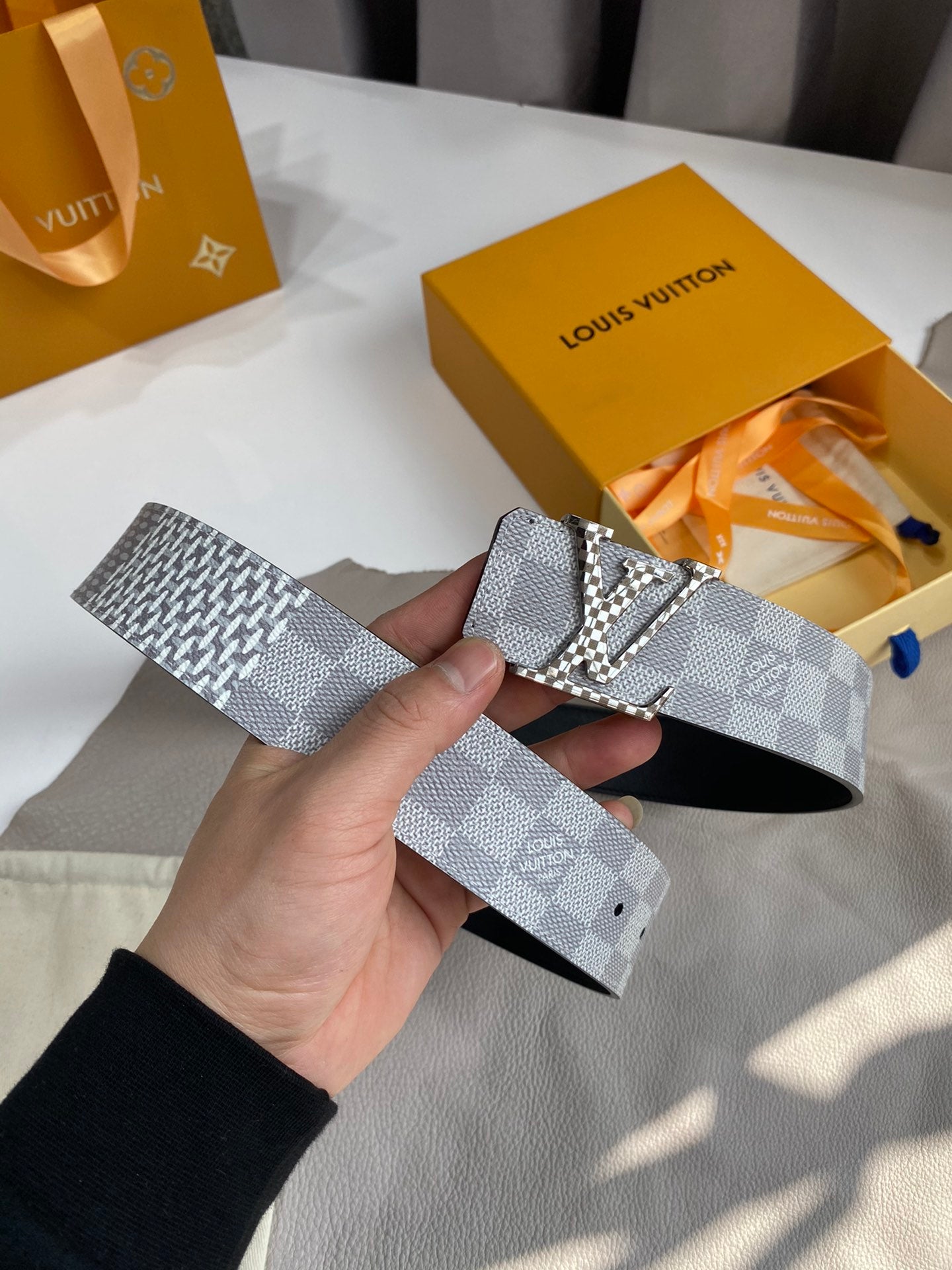Louis Vuitton LV Initiales 40mm Reversible Belt, Damier Azur Canvas, Silver Buckle, Grey/White