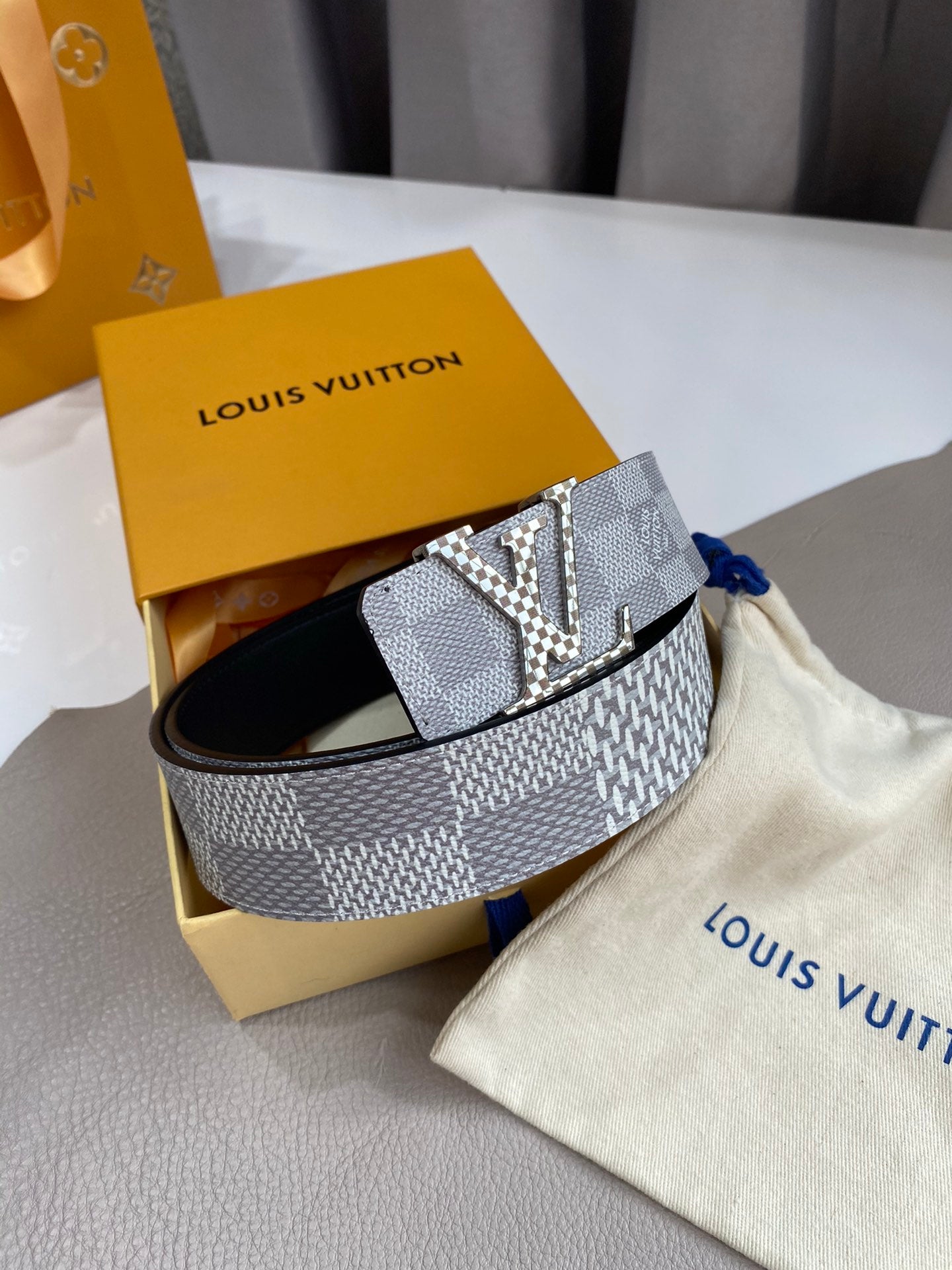 Louis Vuitton LV Initiales 40mm Reversible Belt, Damier Azur Canvas, Silver Buckle, Grey/White