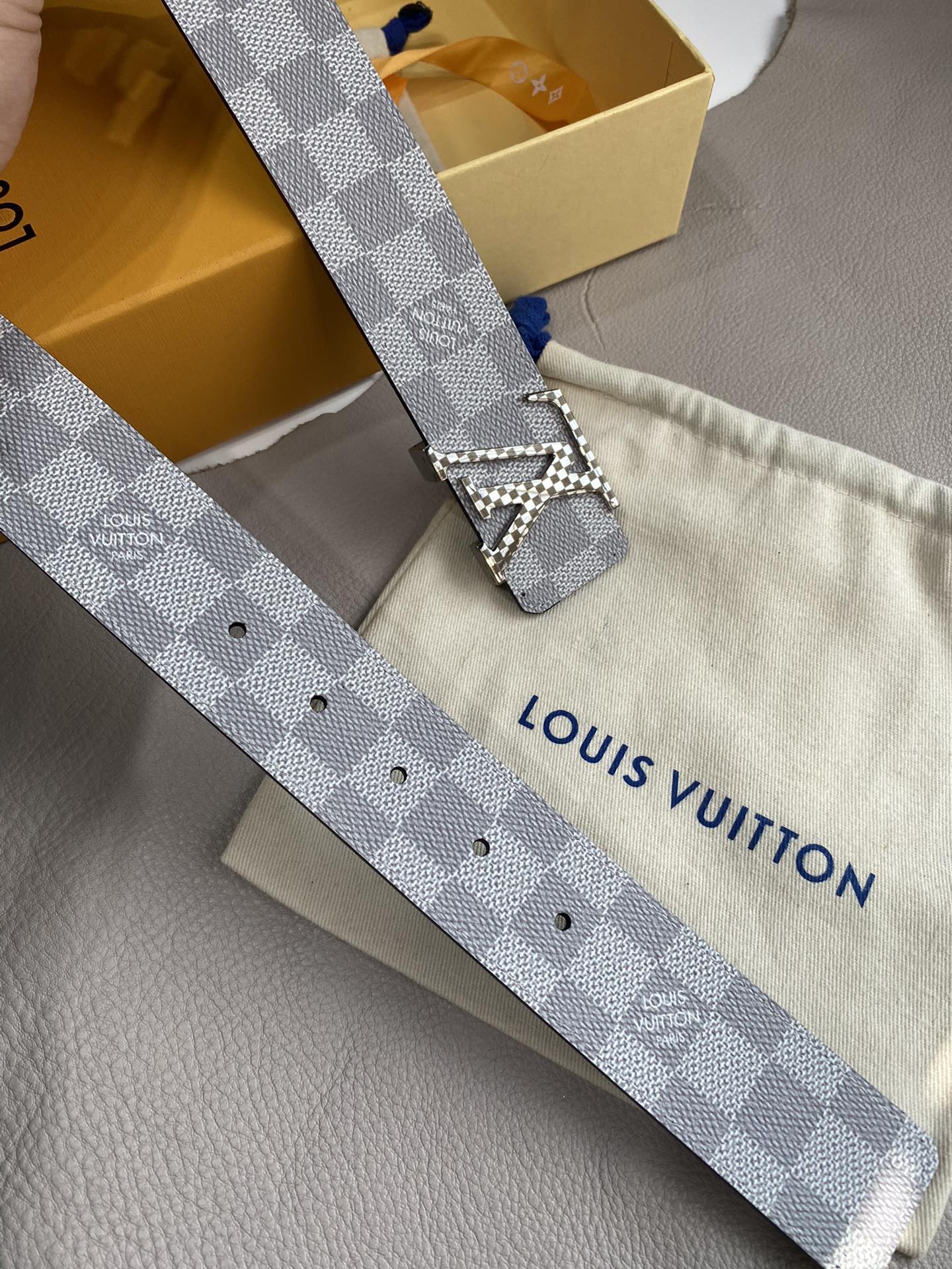 Louis Vuitton LV Initiales 40mm Reversible Belt, Damier Azur Canvas, Silver Buckle, Grey/White