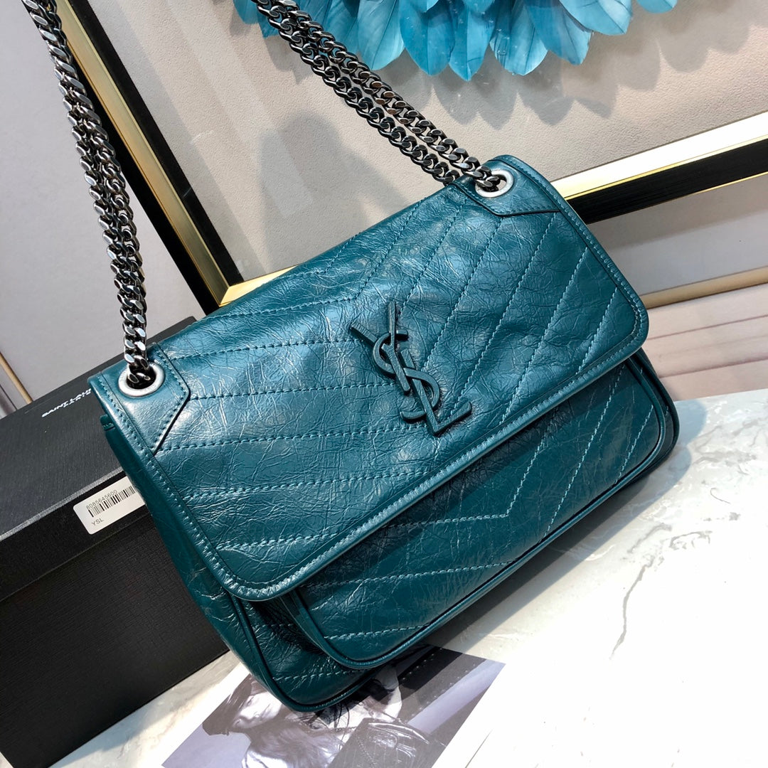 Saint Laurent Niki Medium Shoulder Bag - Teal Crinkled Leather with Tonal YSL Logo