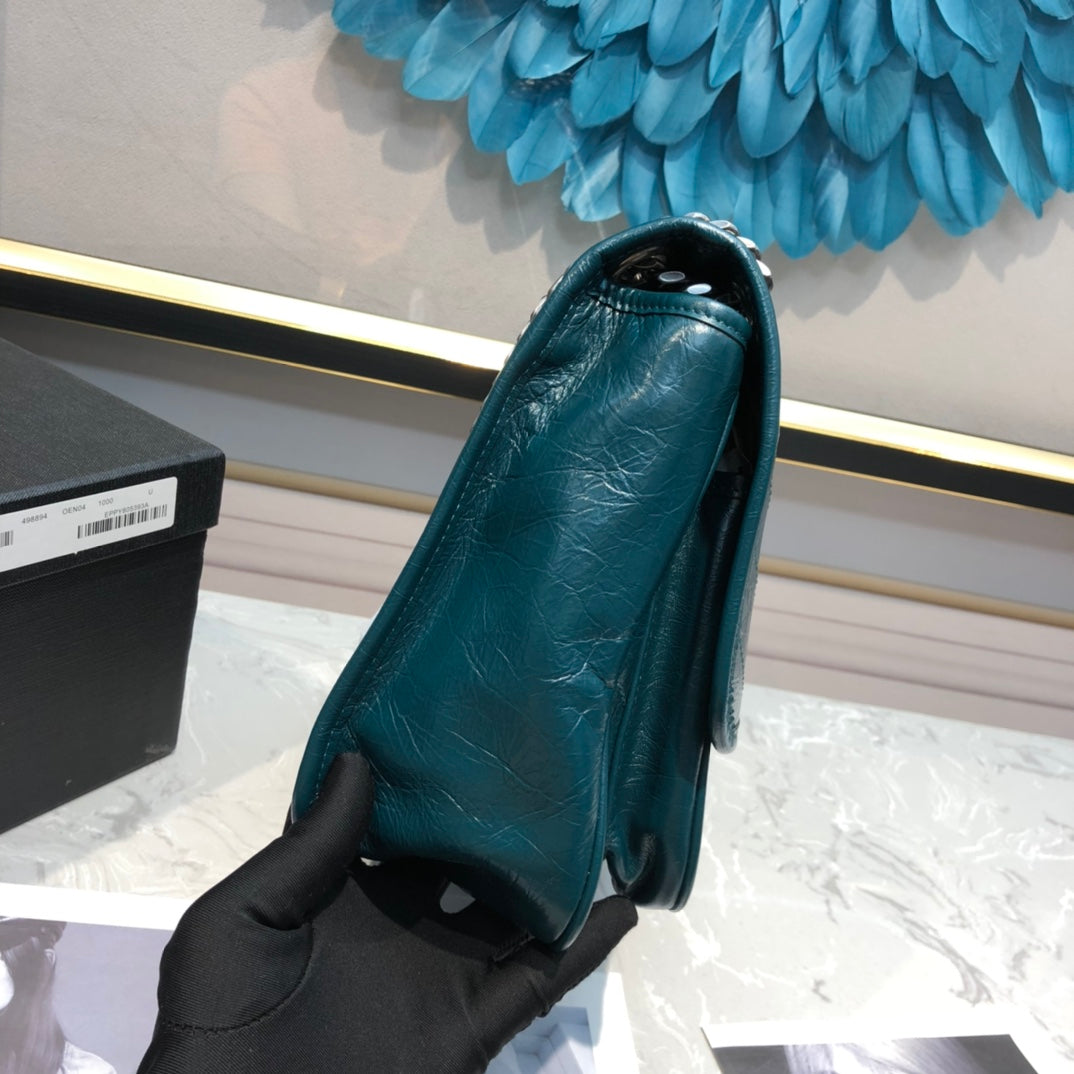 Saint Laurent Niki Medium Shoulder Bag - Teal Crinkled Leather with Tonal YSL Logo