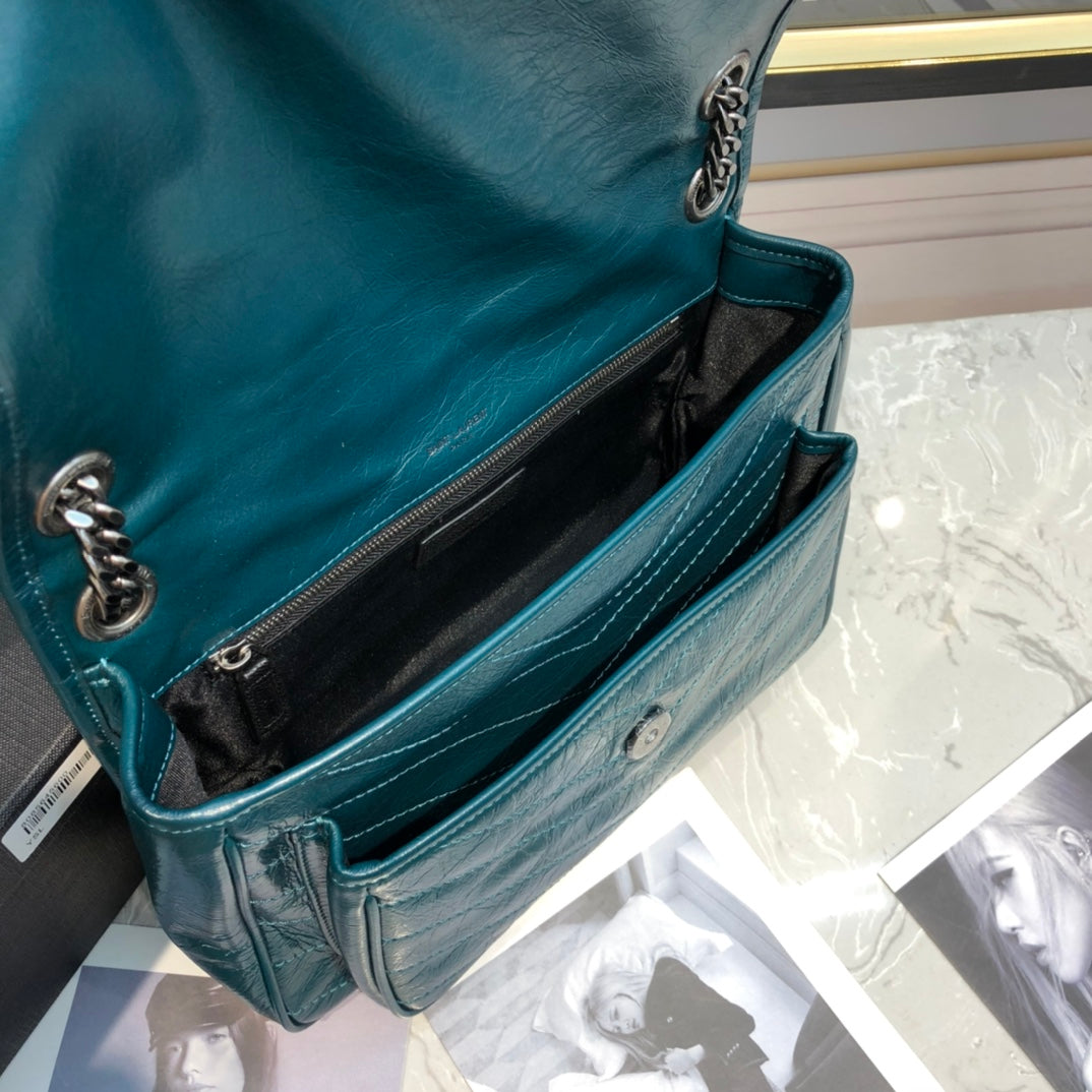 Saint Laurent Niki Medium Shoulder Bag - Teal Crinkled Leather with Tonal YSL Logo