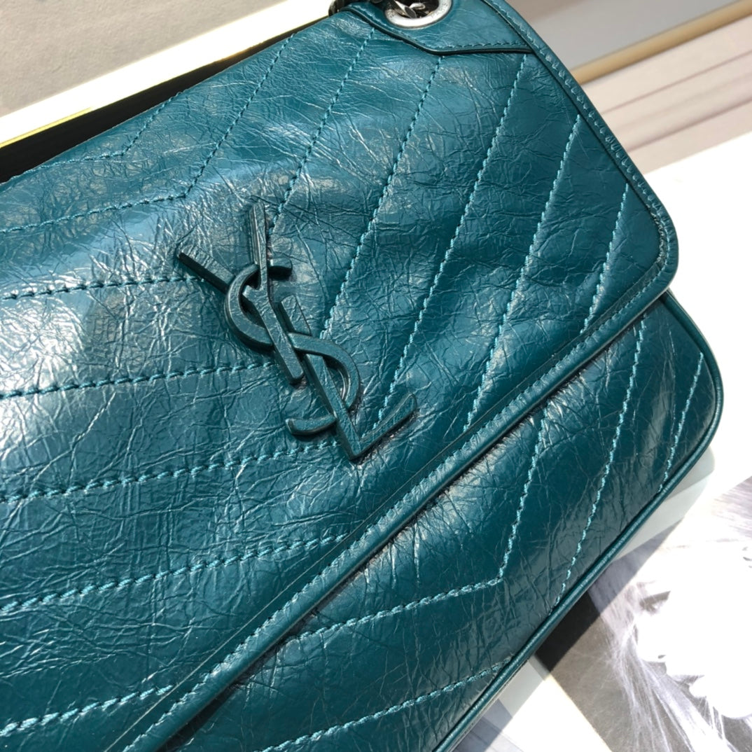 Saint Laurent Niki Medium Shoulder Bag - Teal Crinkled Leather with Tonal YSL Logo