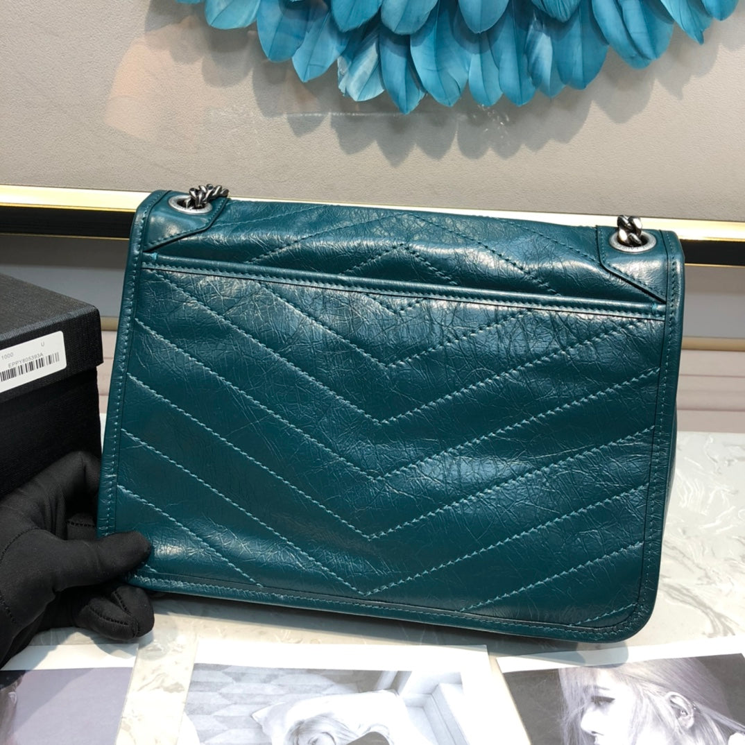 Saint Laurent Niki Medium Shoulder Bag - Teal Crinkled Leather with Tonal YSL Logo