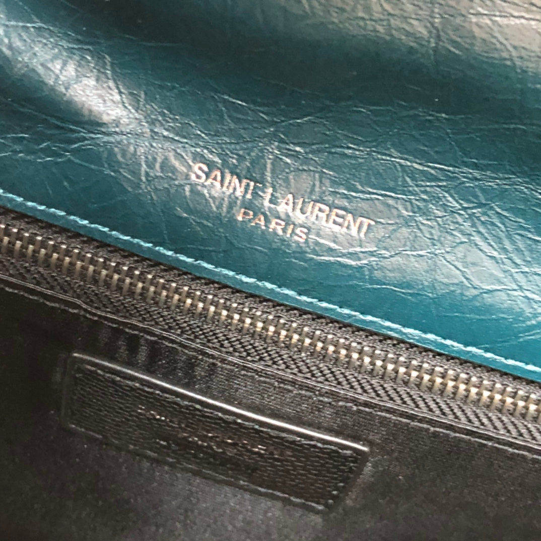 Saint Laurent Niki Medium Shoulder Bag - Teal Crinkled Leather with Tonal YSL Logo