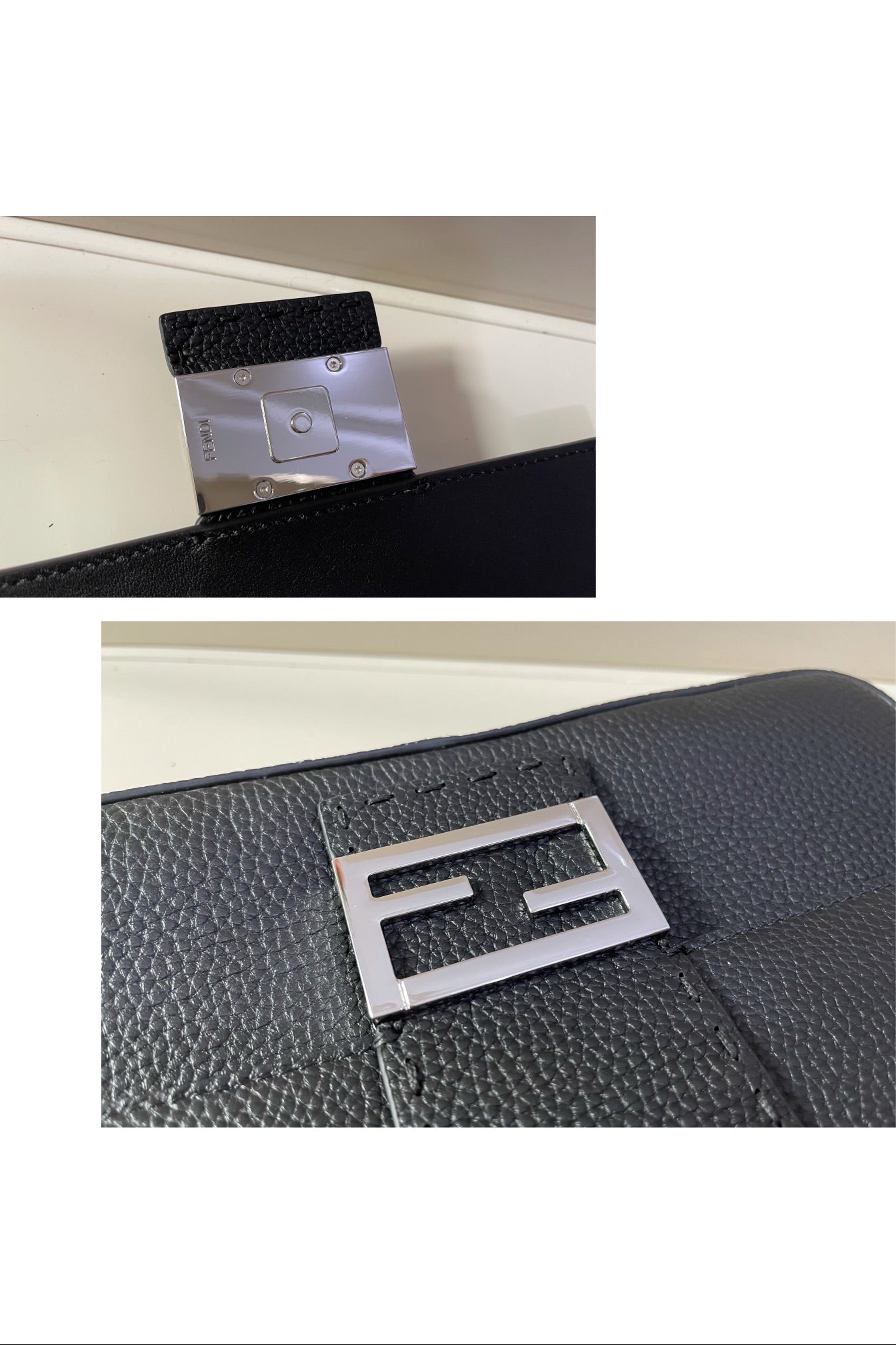 Fendi Black Leather Baguette Shoulder Bag with FF Buckle and Box