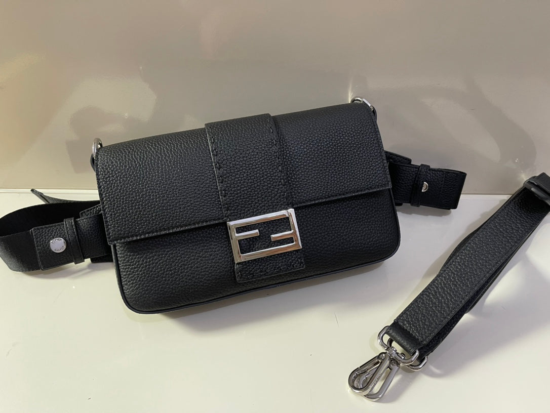 Fendi Black Leather Baguette Shoulder Bag with Silver FF Logo