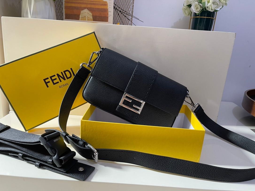 Fendi Black Leather Baguette Shoulder Bag with Silver FF Logo Buckle