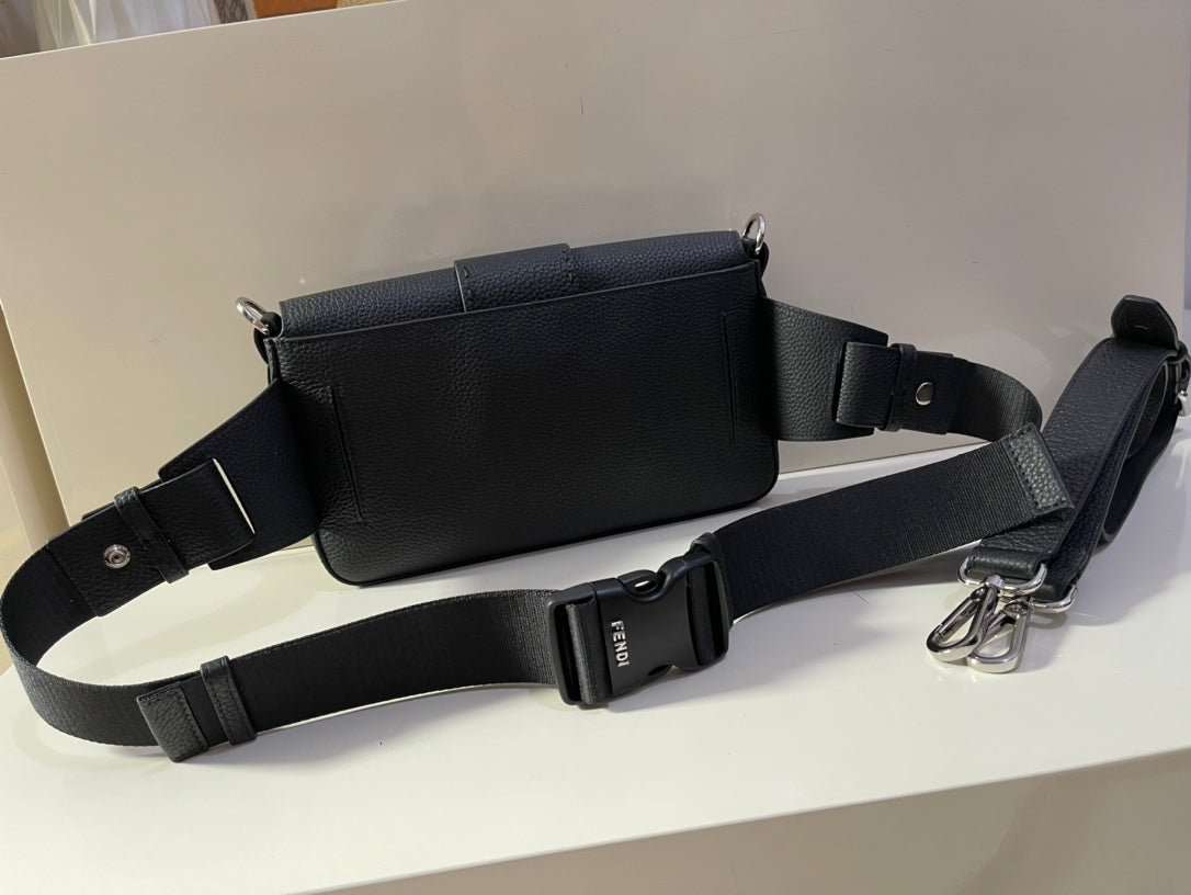 Fendi Black Leather Baguette Shoulder Bag with Silver FF Logo Buckle