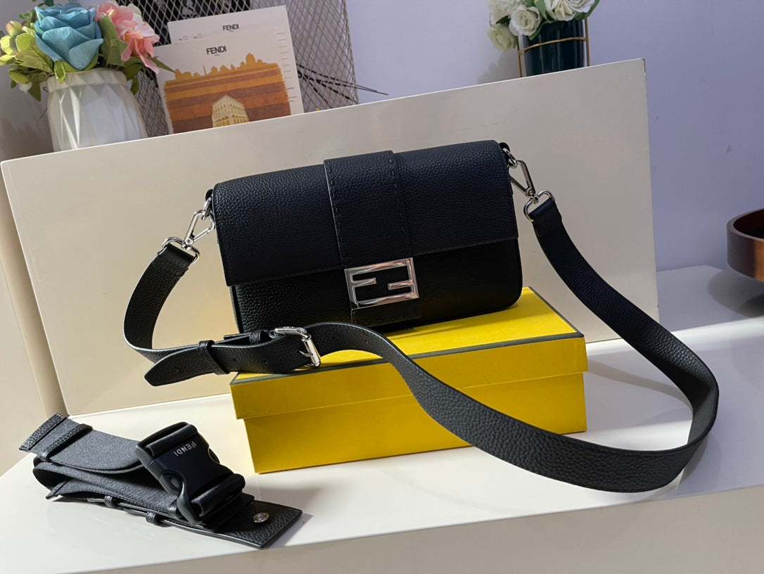 Fendi Black Leather Baguette Shoulder Bag with Silver FF Logo Buckle