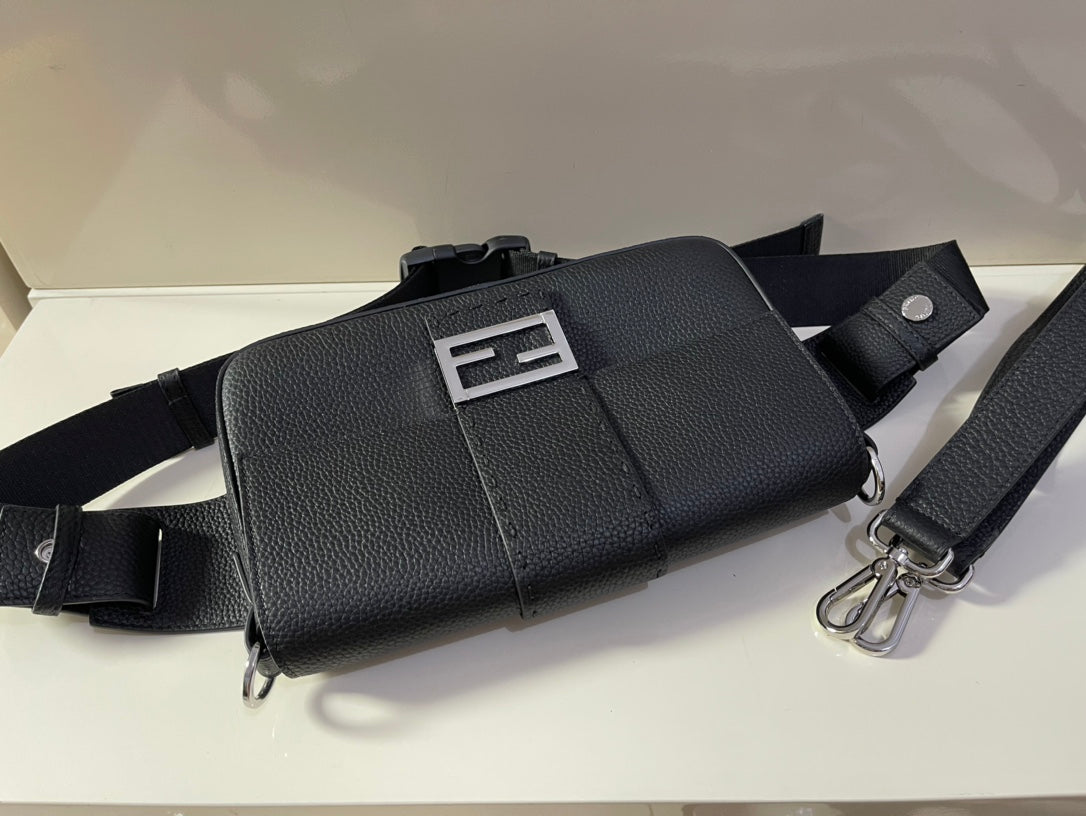 Fendi Black Leather Baguette Shoulder Bag with Silver FF Logo Buckle