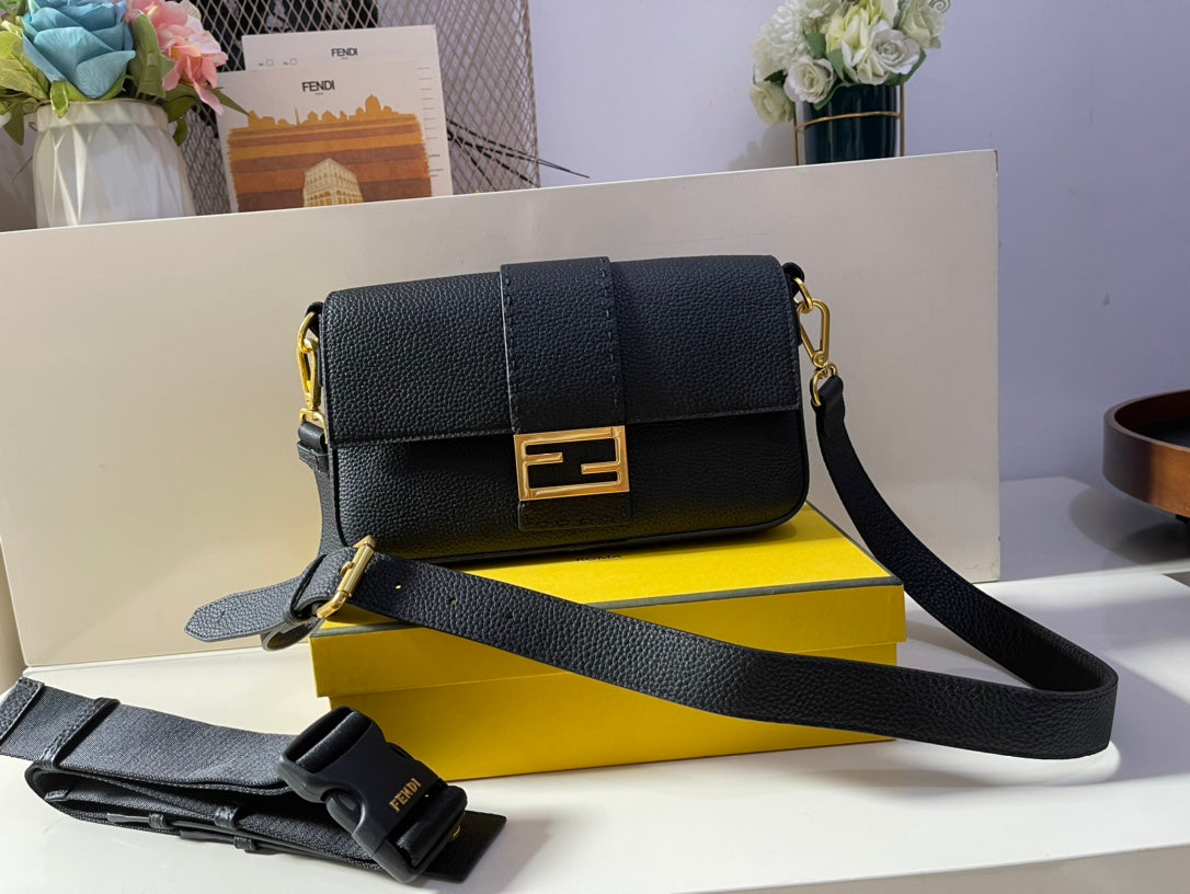 Fendi Black Leather Baguette Bag with Gold FF Hardware