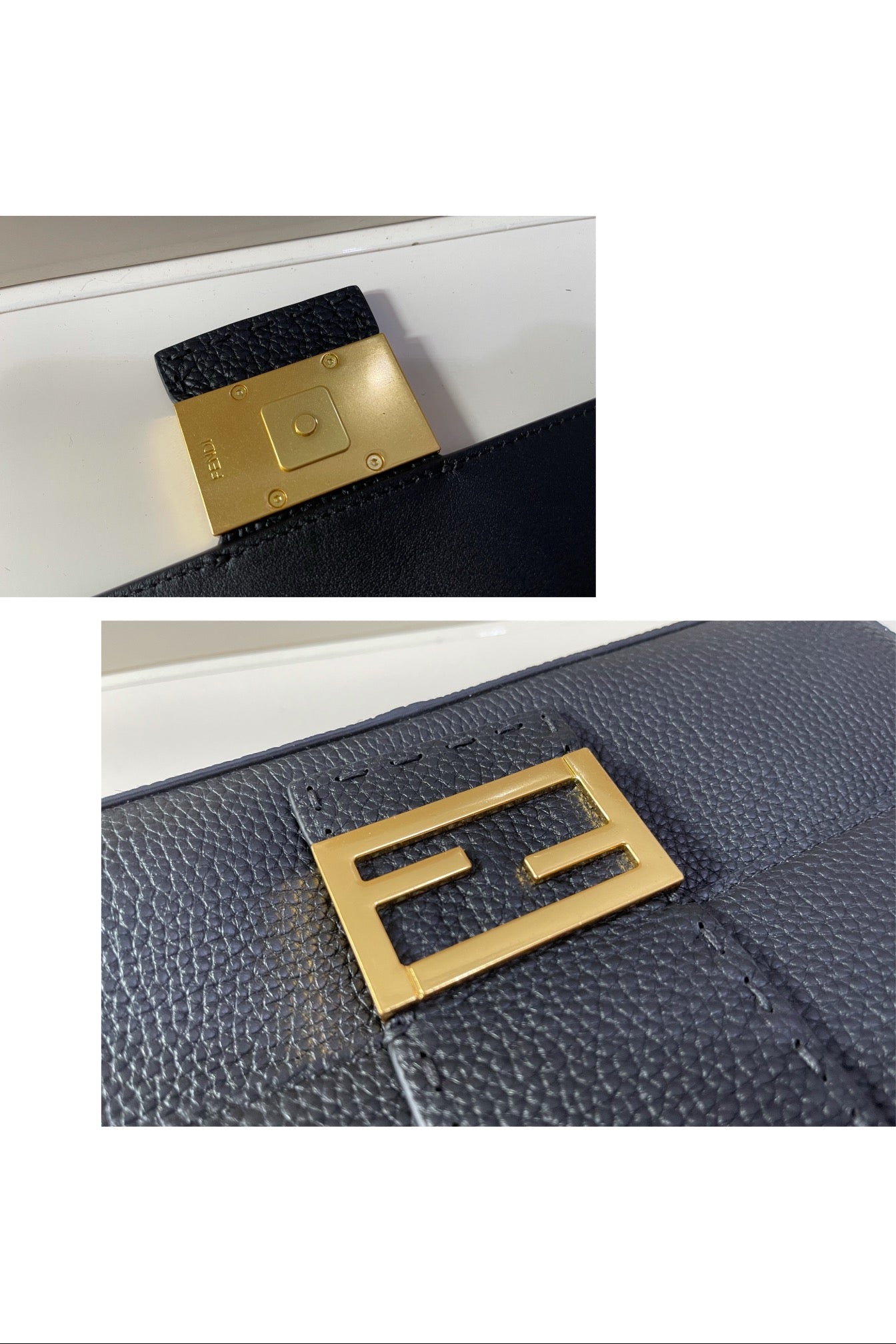 Fendi Black Leather Baguette Bag with Gold FF Hardware