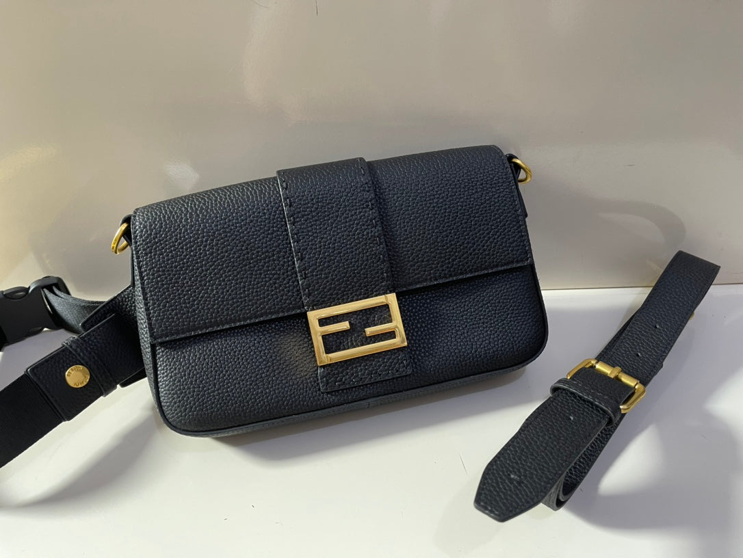 Fendi Black Leather Baguette Shoulder Bag with Gold-Tone FF Logo