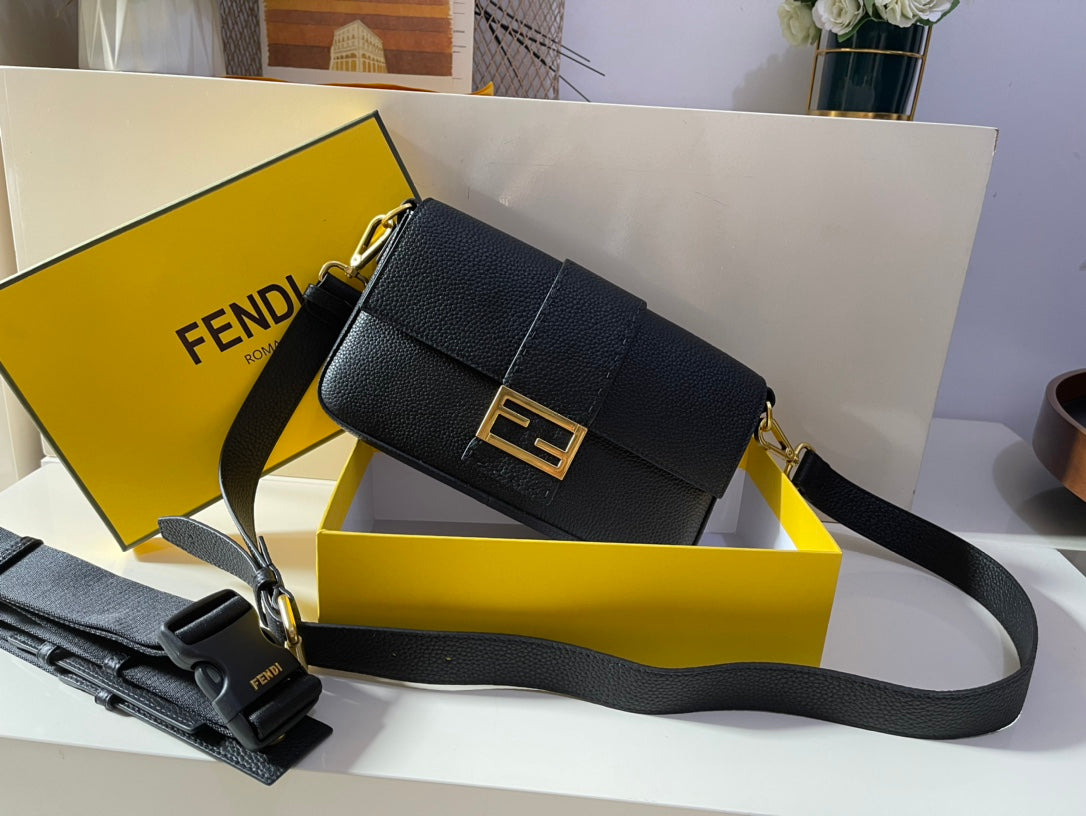 Fendi Black Leather Baguette Shoulder Bag with Gold Hardware