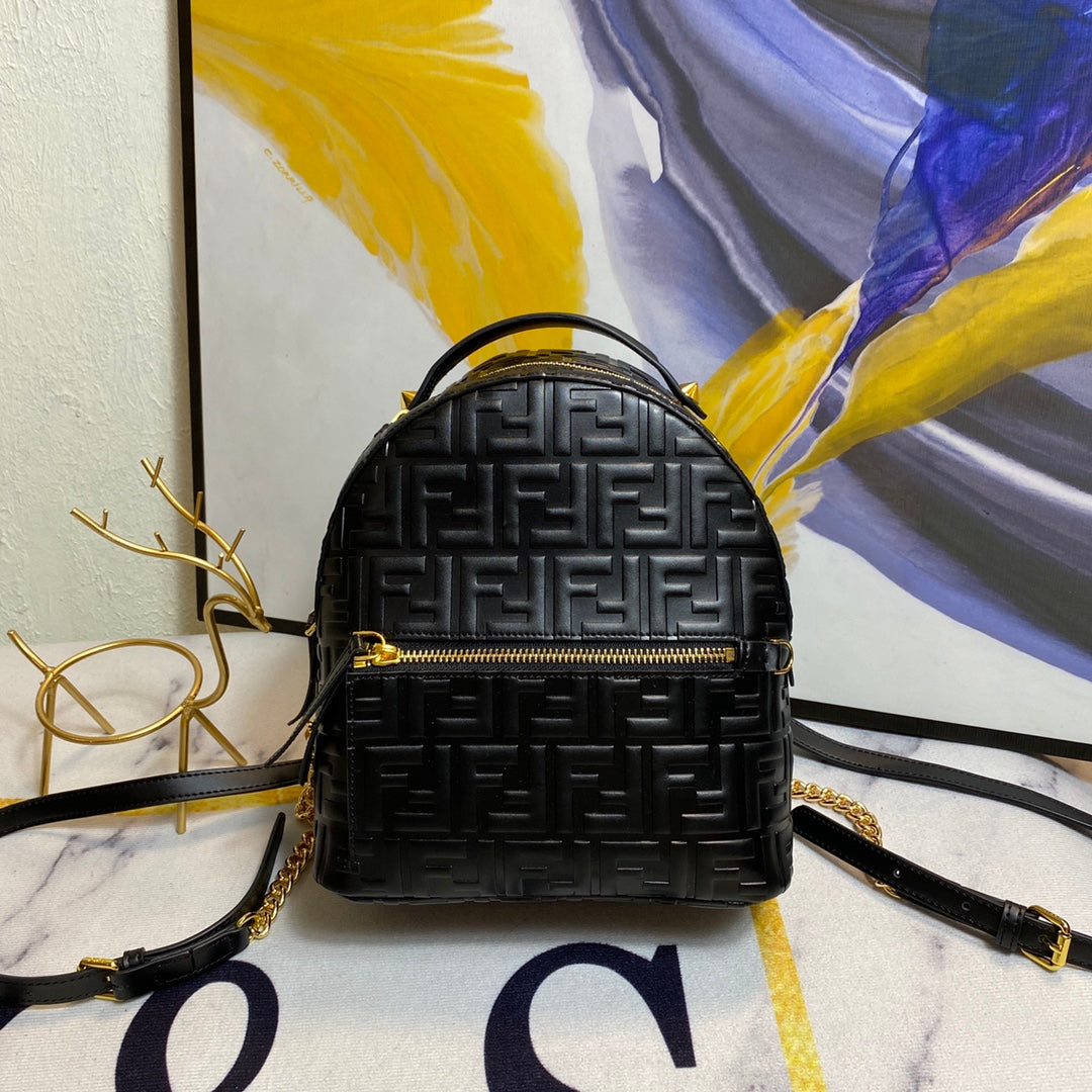 Fendi Mini Backpack in Black Embossed FF Leather with Gold Hardware