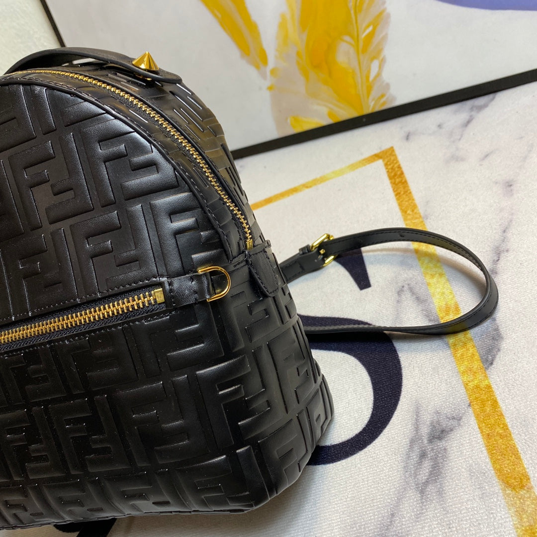 Fendi Mini Backpack in Black Embossed FF Leather with Gold Hardware