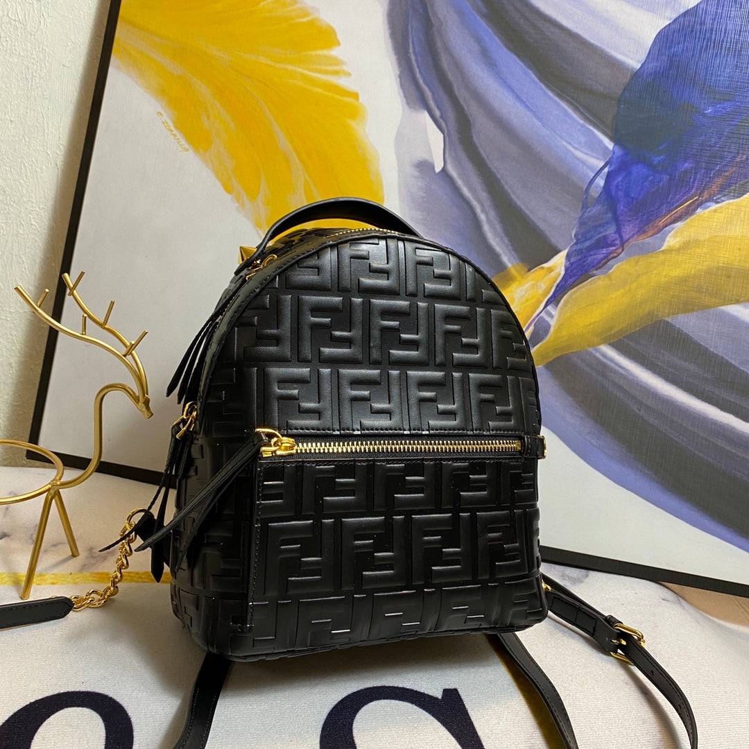 Fendi Mini Backpack in Black Embossed FF Leather with Gold Hardware
