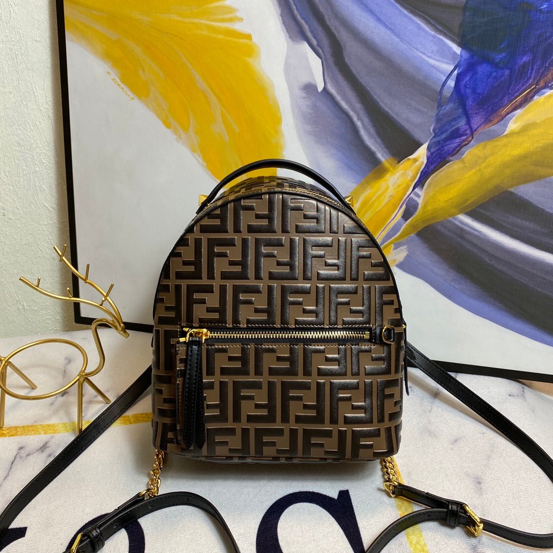 Fendi FF Monogram Mini Backpack - Brown/Black Designer Bag