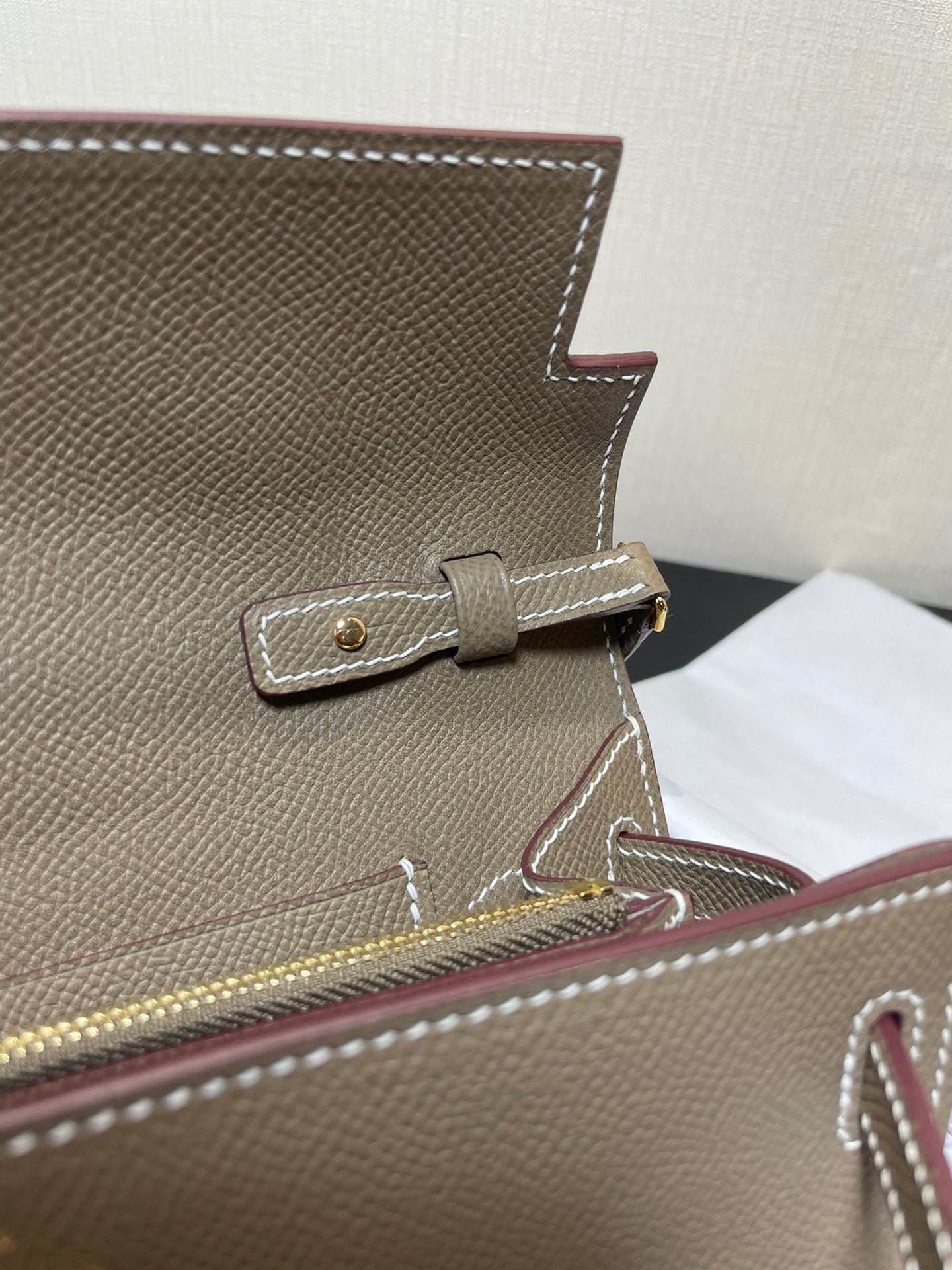 Two-Tone Leather Kelly Style Wallet Clutch Bag - Taupe and Cream