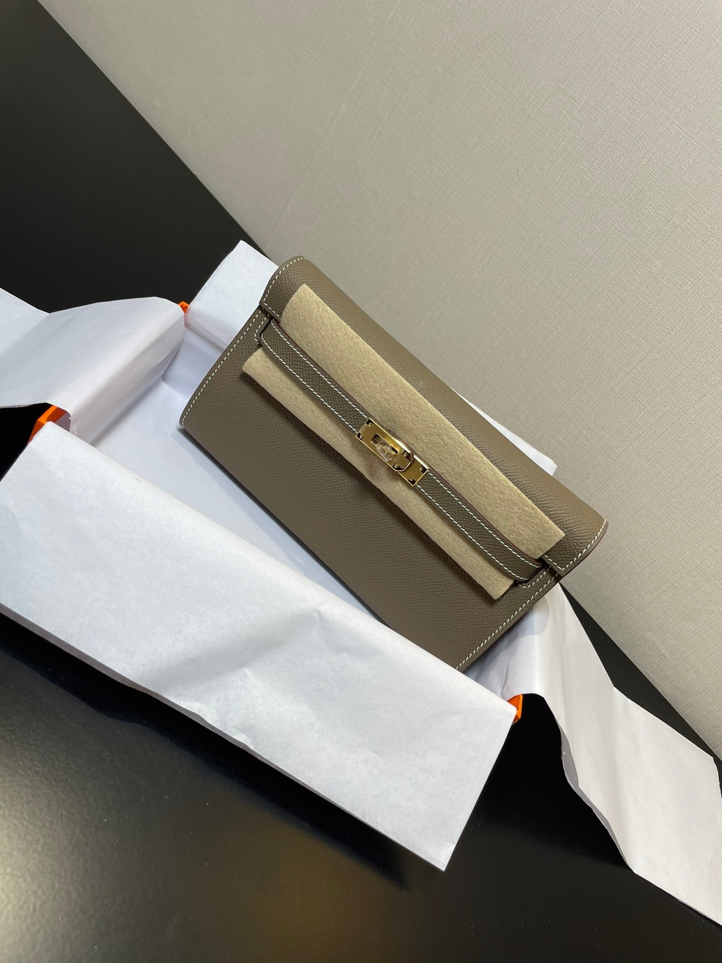 Two-Tone Leather Kelly Style Wallet Clutch Bag - Taupe and Cream