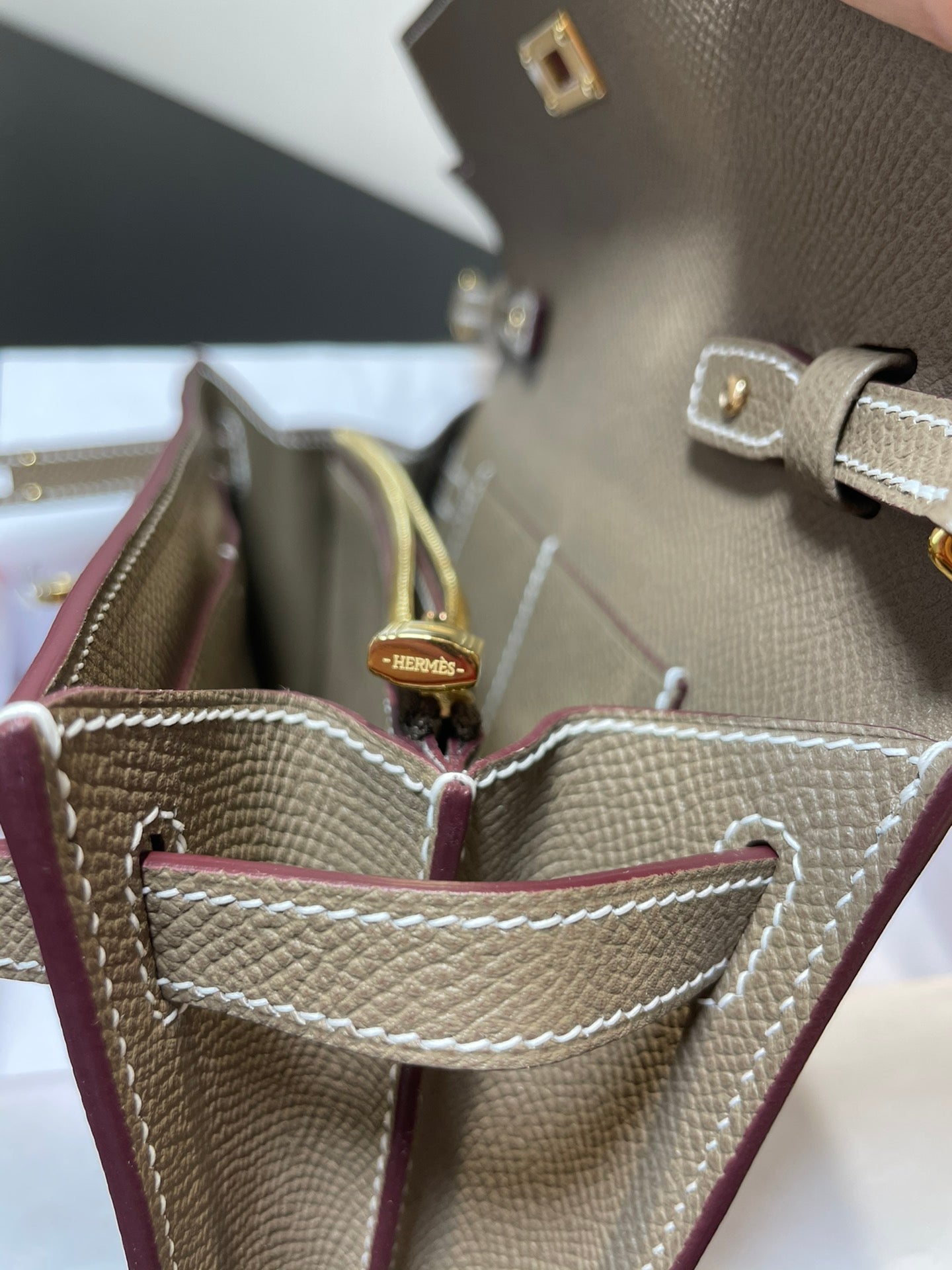 Two-Tone Leather Kelly Style Wallet Clutch Bag - Taupe and Cream