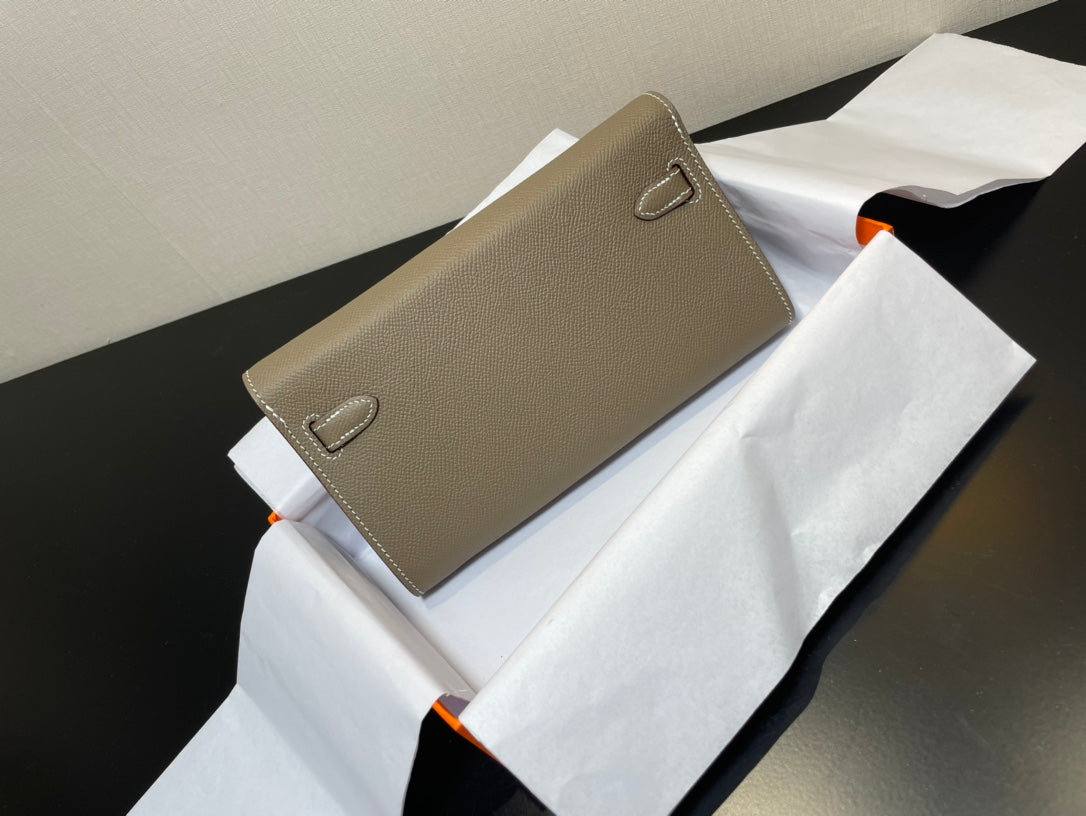 Two-Tone Leather Kelly Style Wallet Clutch Bag - Taupe and Cream