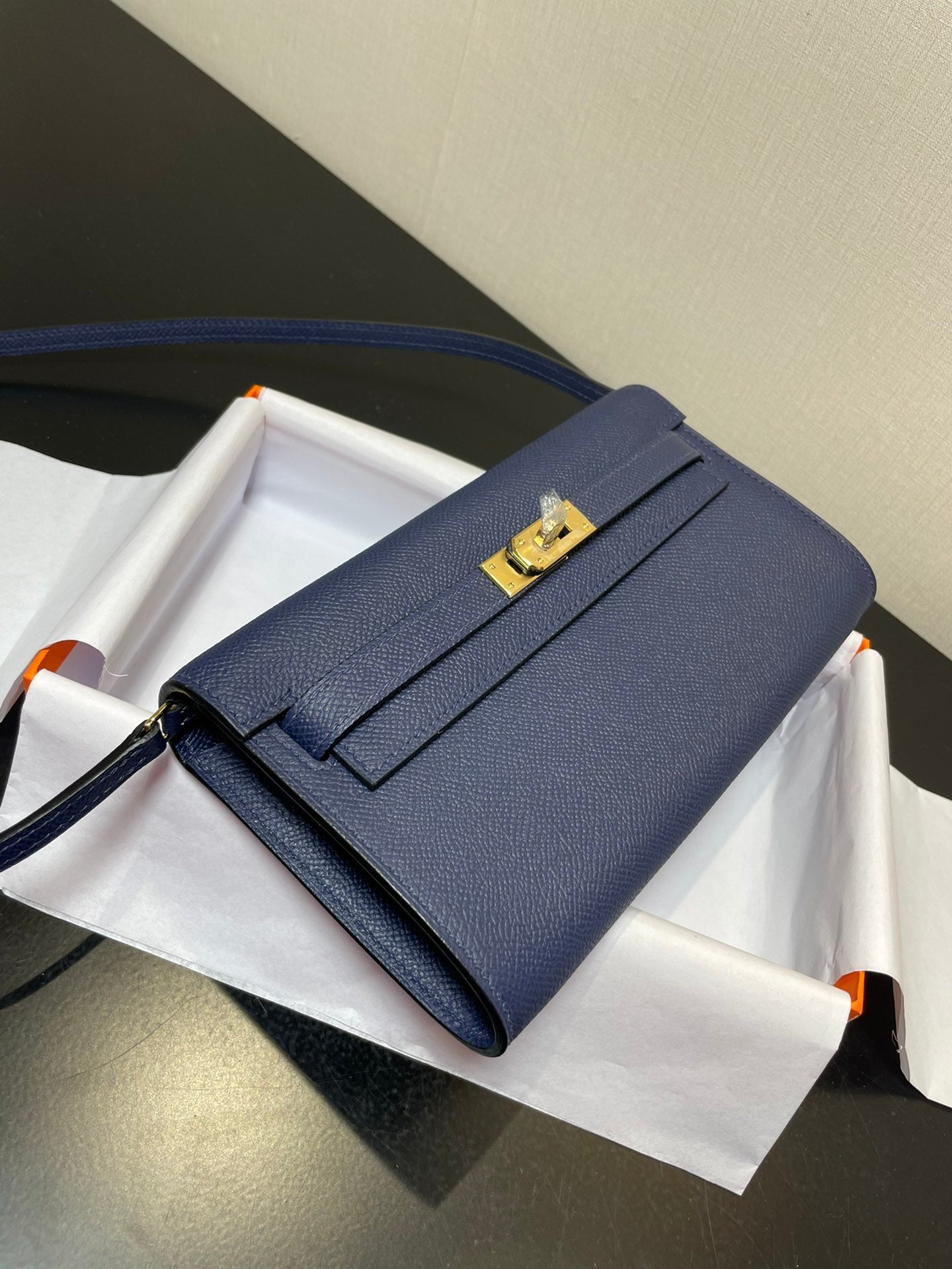 Luxury Two-Tone Blue and Beige Leather Wallet - Elegant Foldover Clutch with Gold Clasp