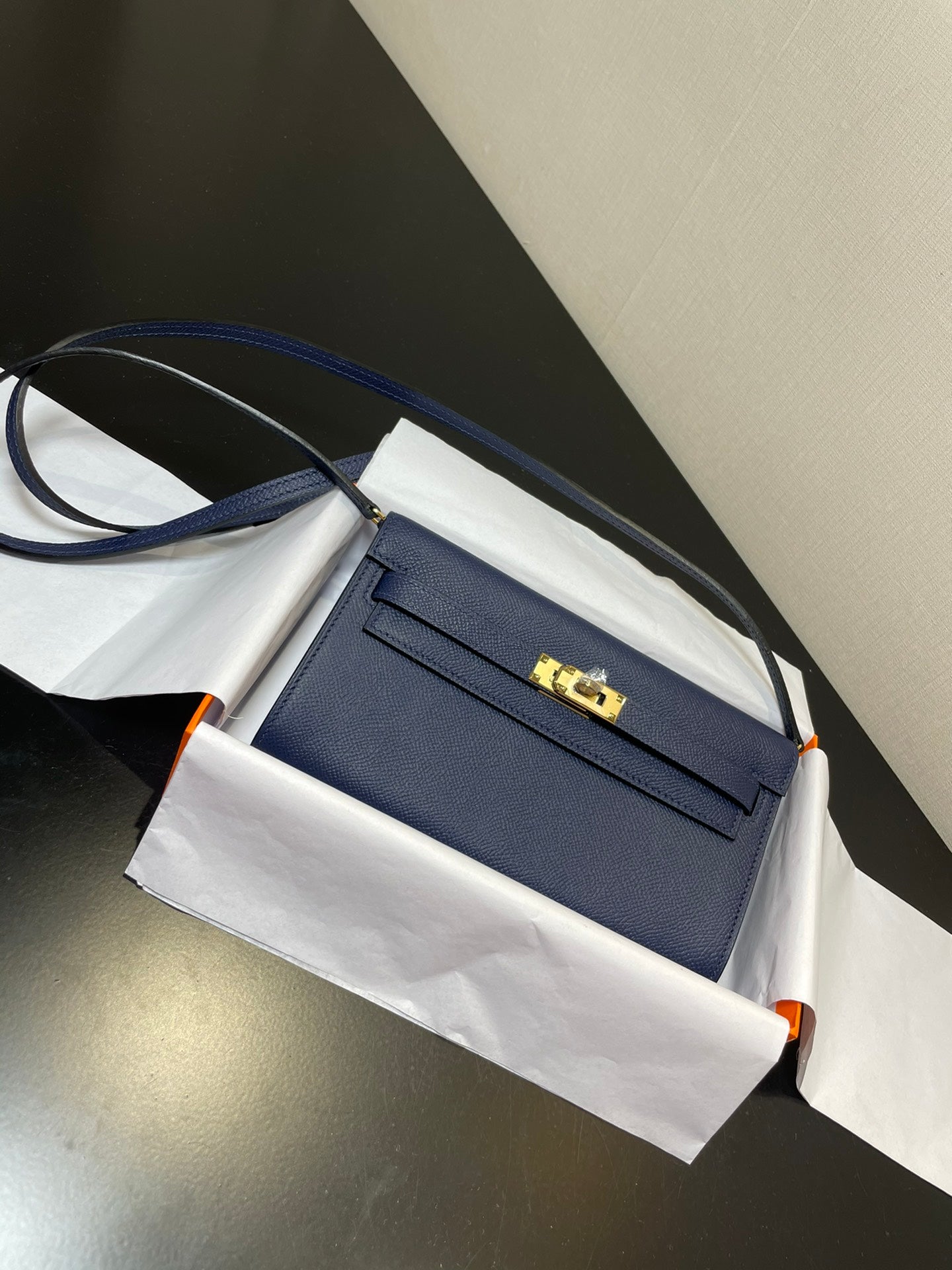 Luxury Two-Tone Blue and Beige Leather Wallet - Elegant Foldover Clutch with Gold Clasp