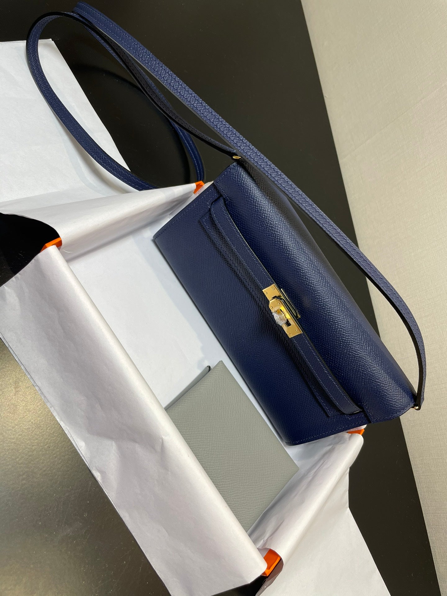 Luxury Two-Tone Blue and Beige Leather Wallet - Elegant Foldover Clutch with Gold Clasp