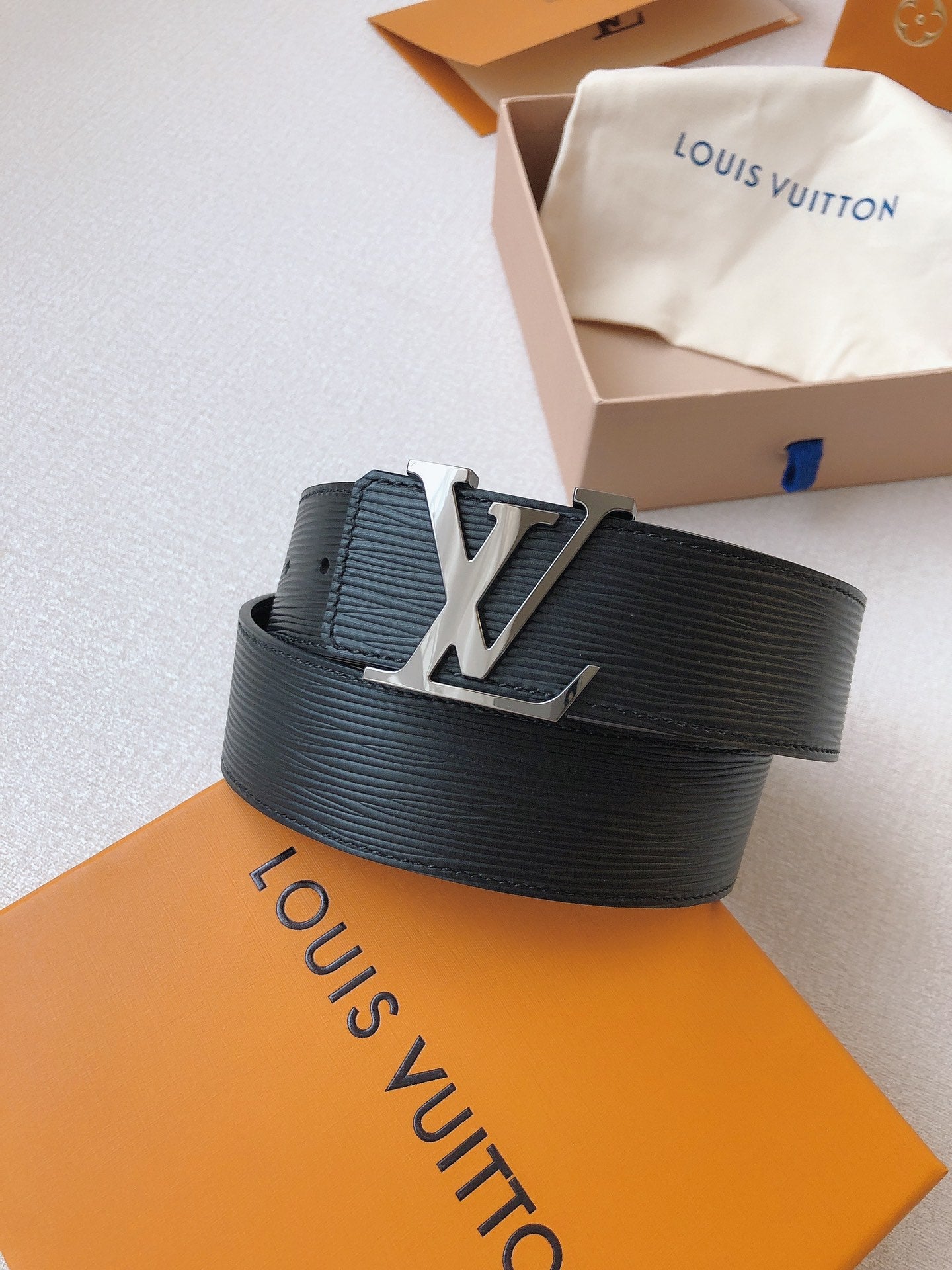 Louis Vuitton LV Initial 40mm Belt, Black Epi Leather with Silver-Tone Buckle, Men's Luxury Leather Accessory