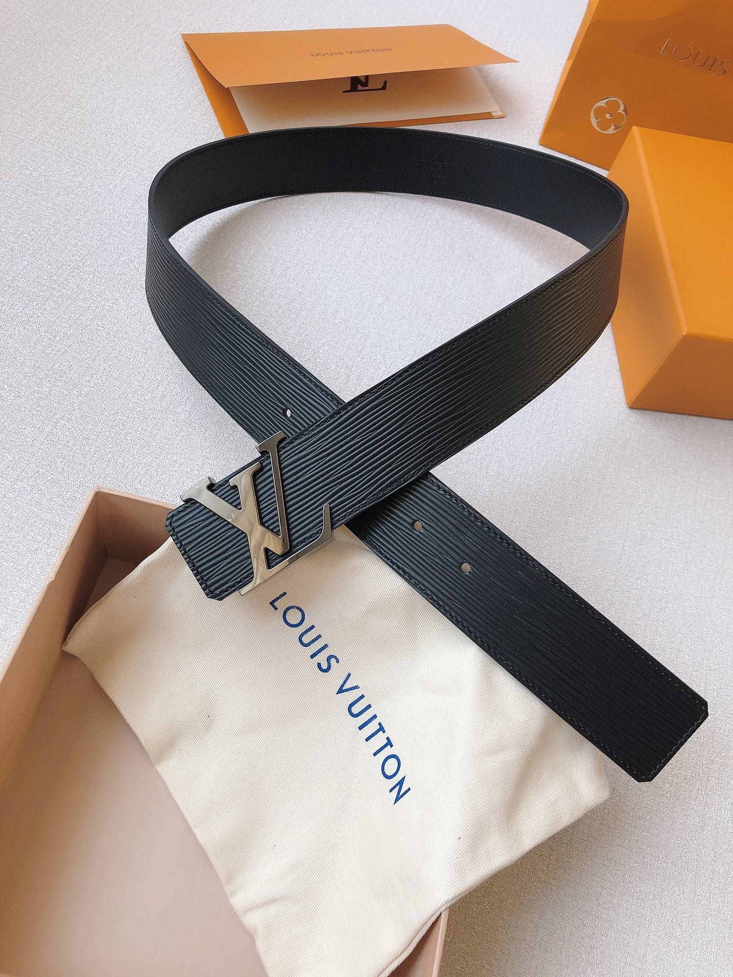Louis Vuitton LV Initial 40mm Belt, Black Epi Leather with Silver-Tone Buckle, Men's Luxury Leather Accessory