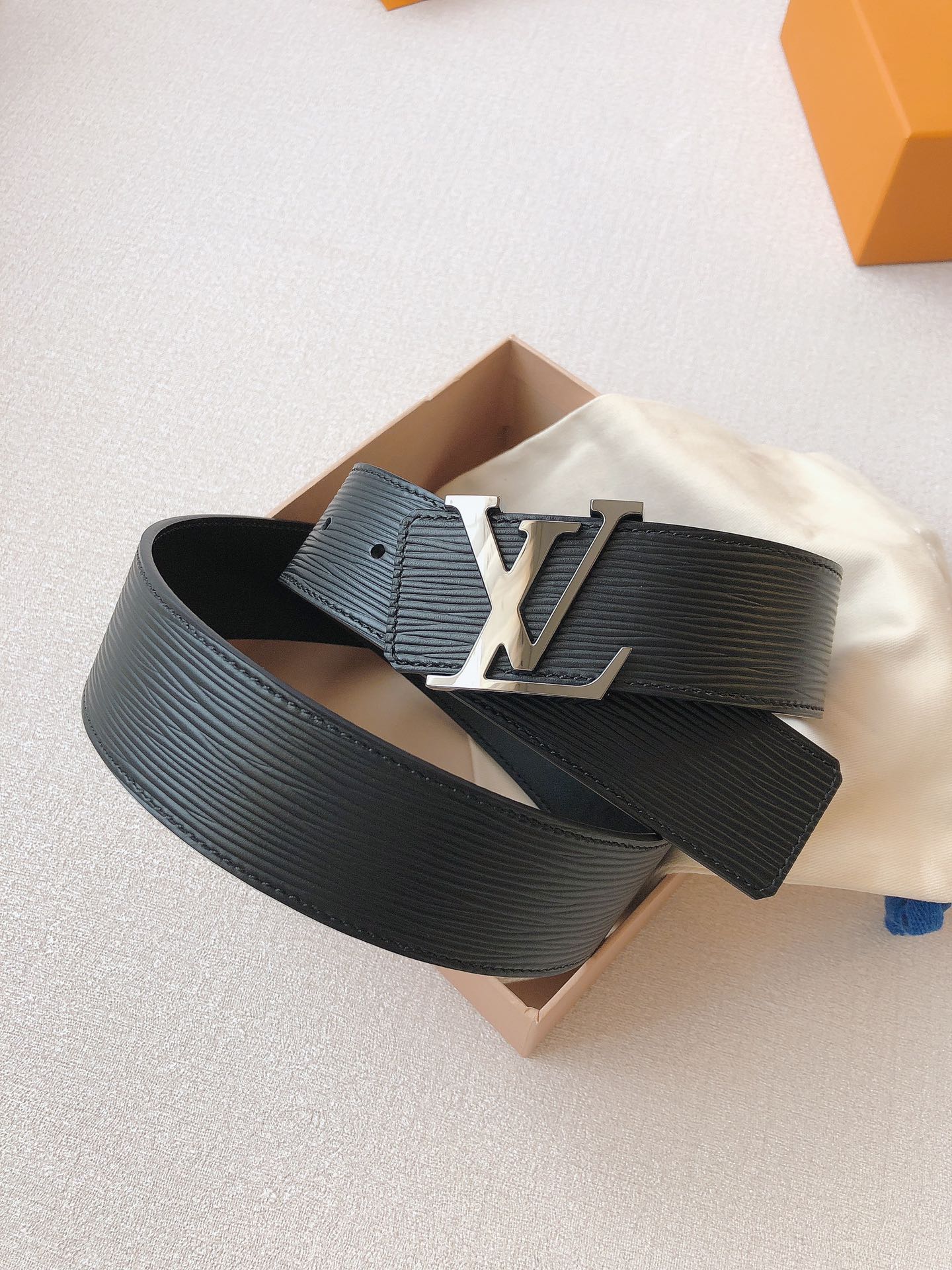 Louis Vuitton LV Initial 40mm Belt, Black Epi Leather with Silver-Tone Buckle, Men's Luxury Leather Accessory