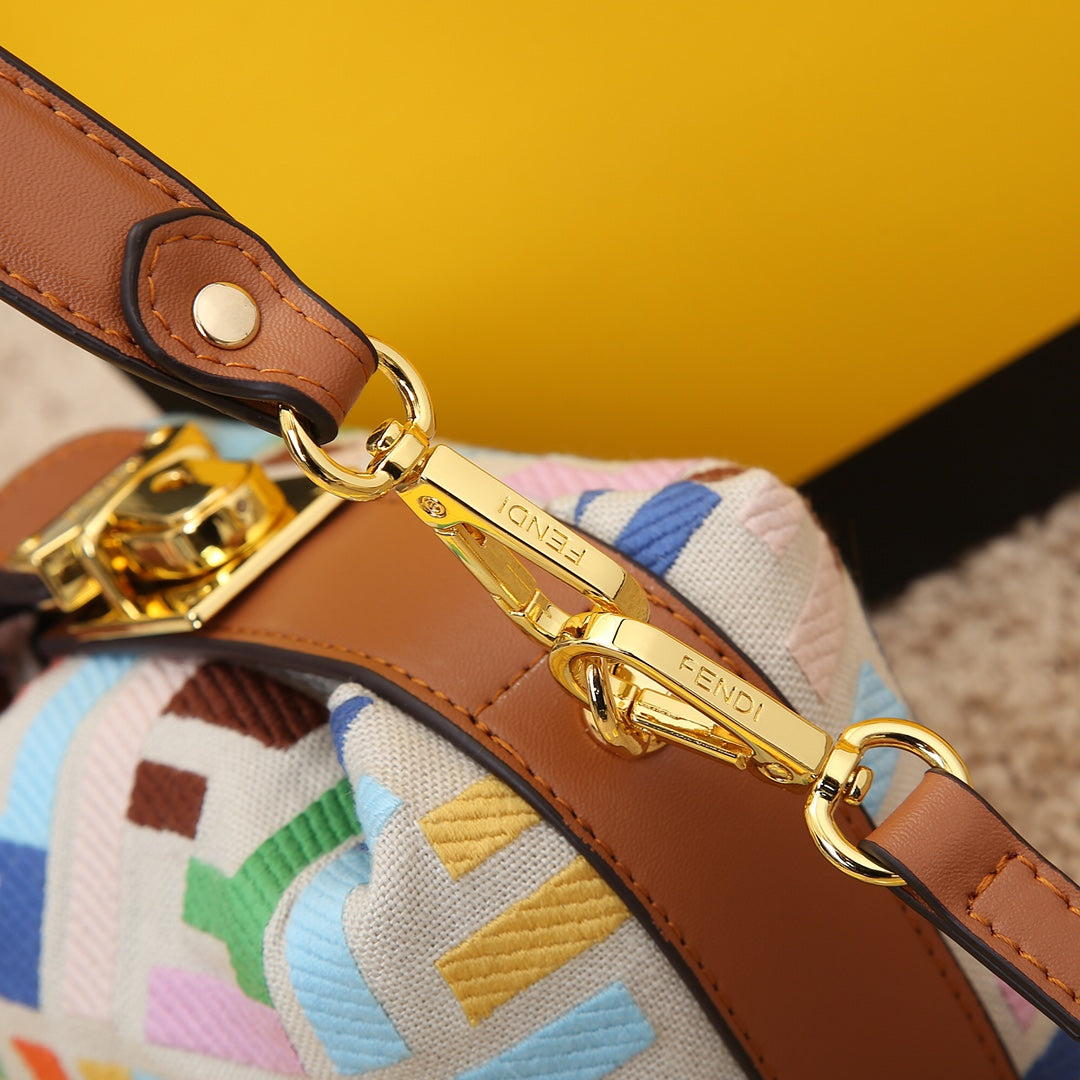 Fendi Mini Mon Tresor Multi-Color FF Logo Canvas Bucket Bag with Tan Leather Trim