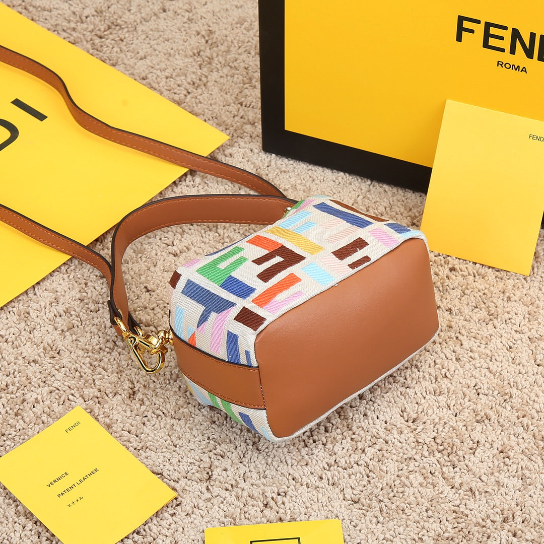 Fendi Mini Mon Tresor Multi-Color FF Logo Canvas Bucket Bag with Tan Leather Trim
