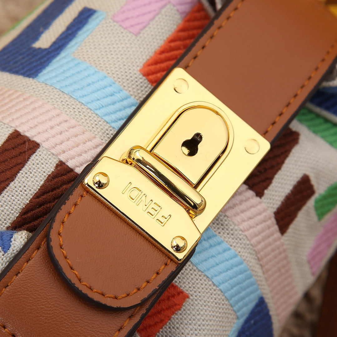 Fendi Mini Mon Tresor Multi-Color FF Logo Canvas Bucket Bag with Tan Leather Trim