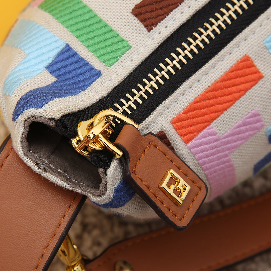 Fendi Mini Mon Tresor Multi-Color FF Logo Canvas Bucket Bag with Tan Leather Trim