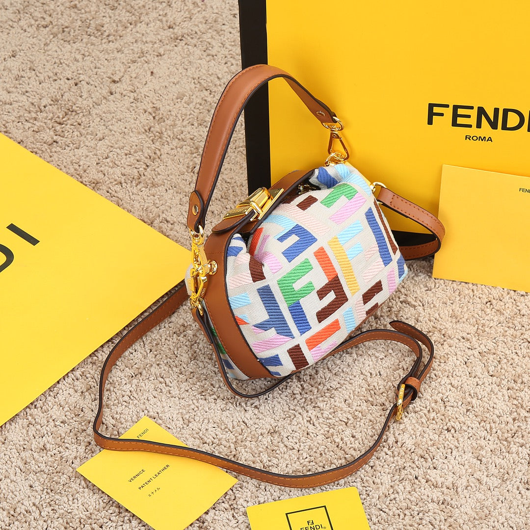 Fendi Mini Mon Tresor Multi-Color FF Logo Canvas Bucket Bag with Tan Leather Trim