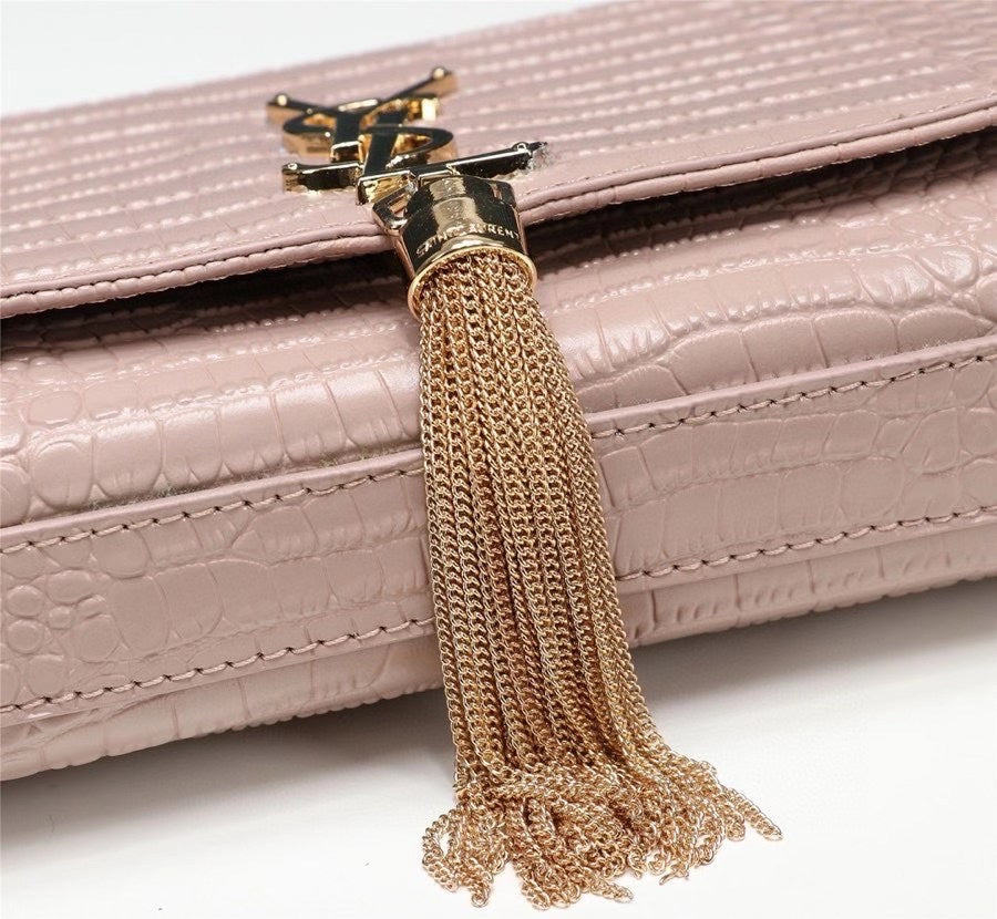 Saint Laurent Kate Medium Tassel Shoulder Bag in Crocodile-Embossed Leather, Pale Pink