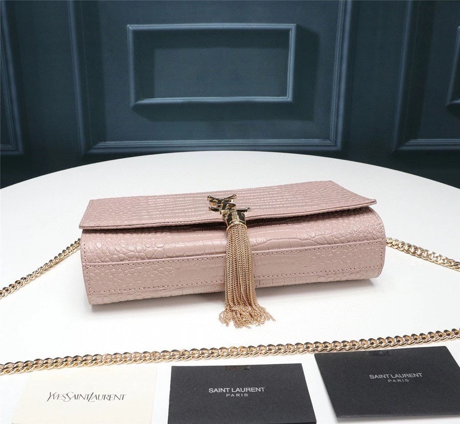 Saint Laurent Kate Medium Tassel Shoulder Bag in Crocodile-Embossed Leather, Pale Pink
