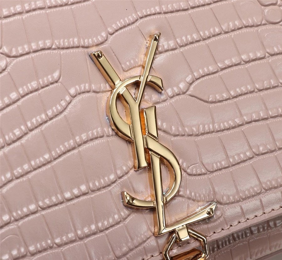 Saint Laurent Kate Medium Tassel Shoulder Bag in Crocodile-Embossed Leather, Pale Pink