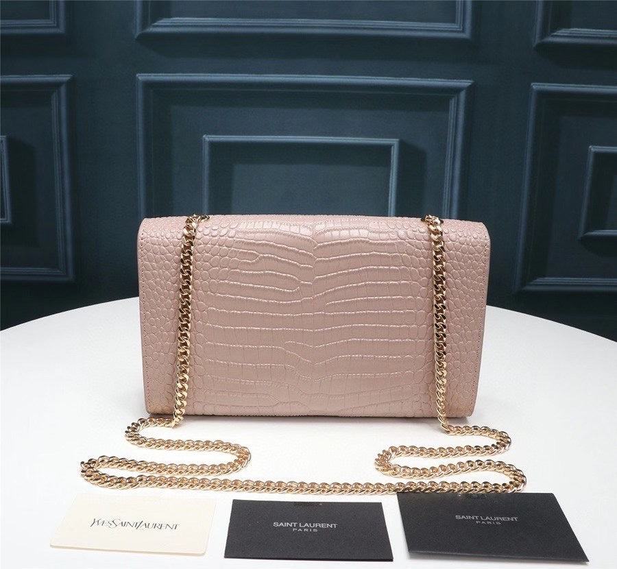 Saint Laurent Kate Medium Tassel Shoulder Bag in Crocodile-Embossed Leather, Pale Pink