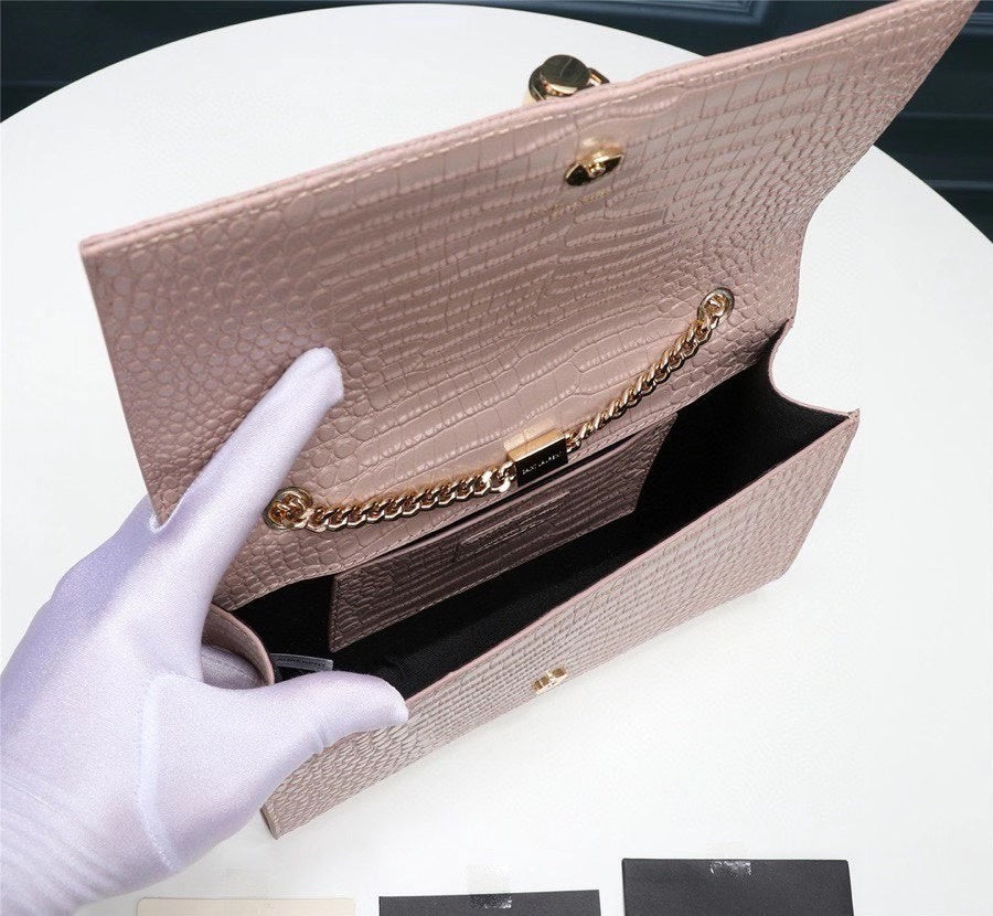 Saint Laurent Kate Medium Tassel Shoulder Bag in Crocodile-Embossed Leather, Pale Pink