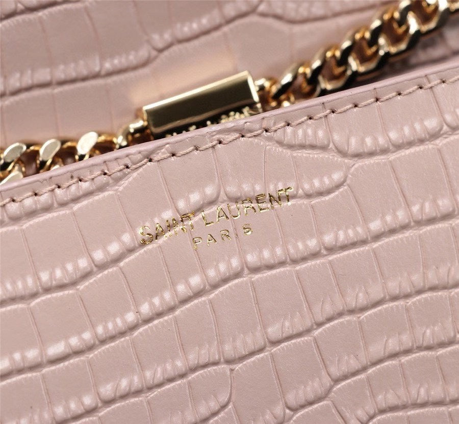 Saint Laurent Kate Medium Tassel Shoulder Bag in Crocodile-Embossed Leather, Pale Pink