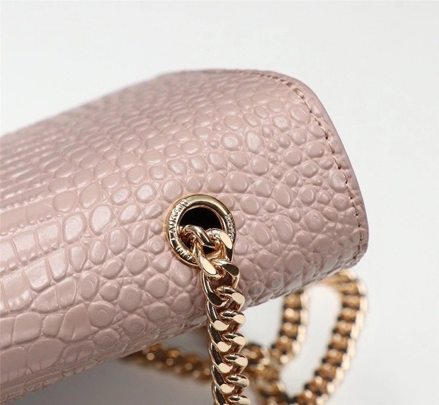 Saint Laurent Kate Medium Tassel Shoulder Bag in Crocodile-Embossed Leather, Pale Pink