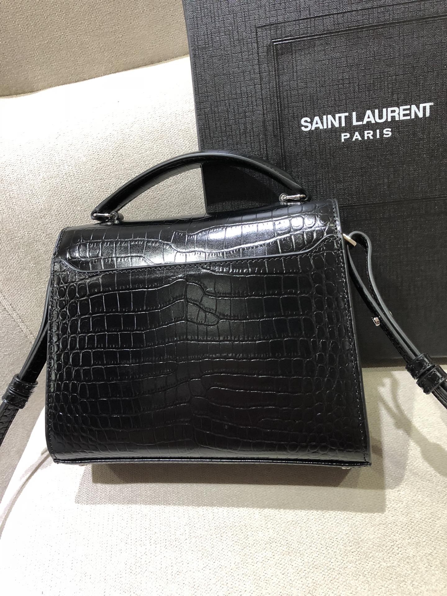 Saint Laurent Cassandra Mini Top Handle Bag in Crocodile-Embossed Leather - Black